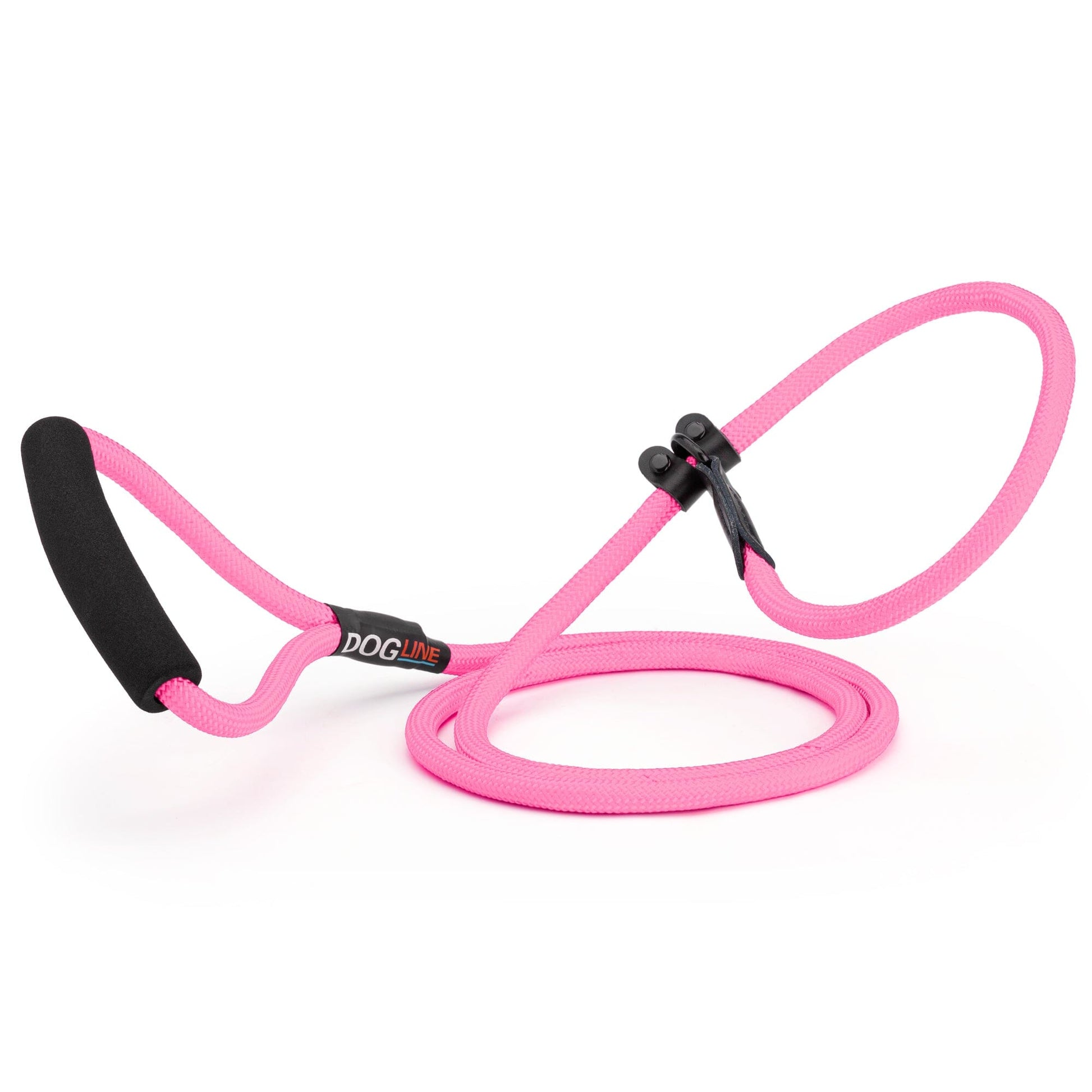 Pink nylon slip lead with padded neoprene handle, 1/3 inches wide, round rope design