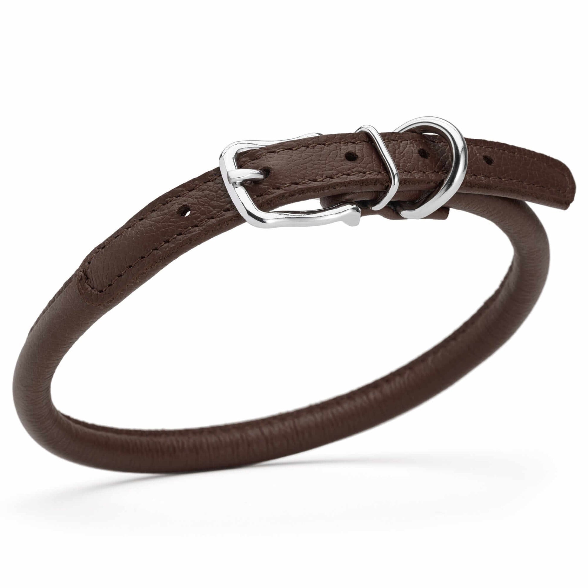 Soft leather round dog collar with durable stitching and adjustable buckle, comfortable and stylish pet accessory