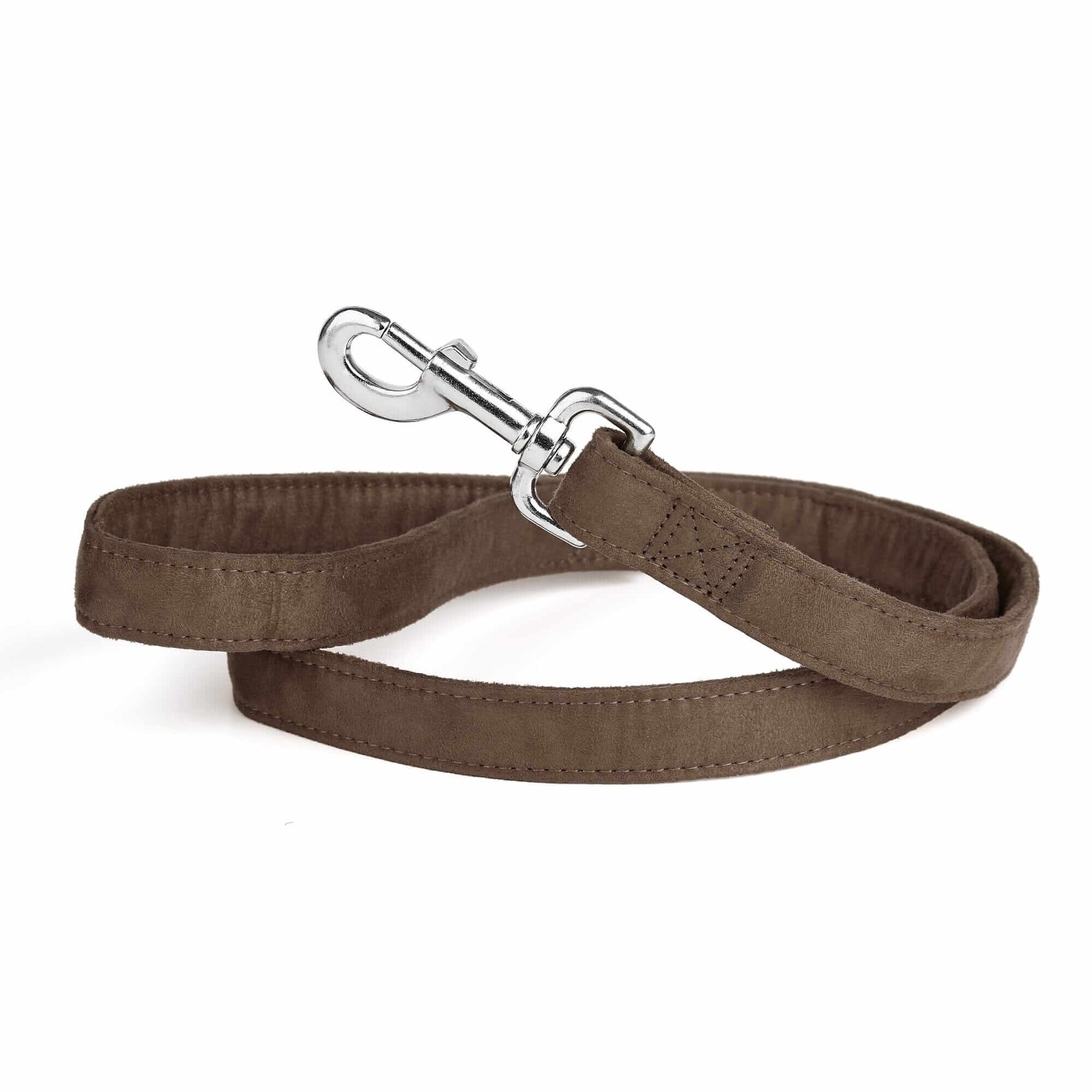 Brown dog leash with metal snap hook, made from soft microfiber