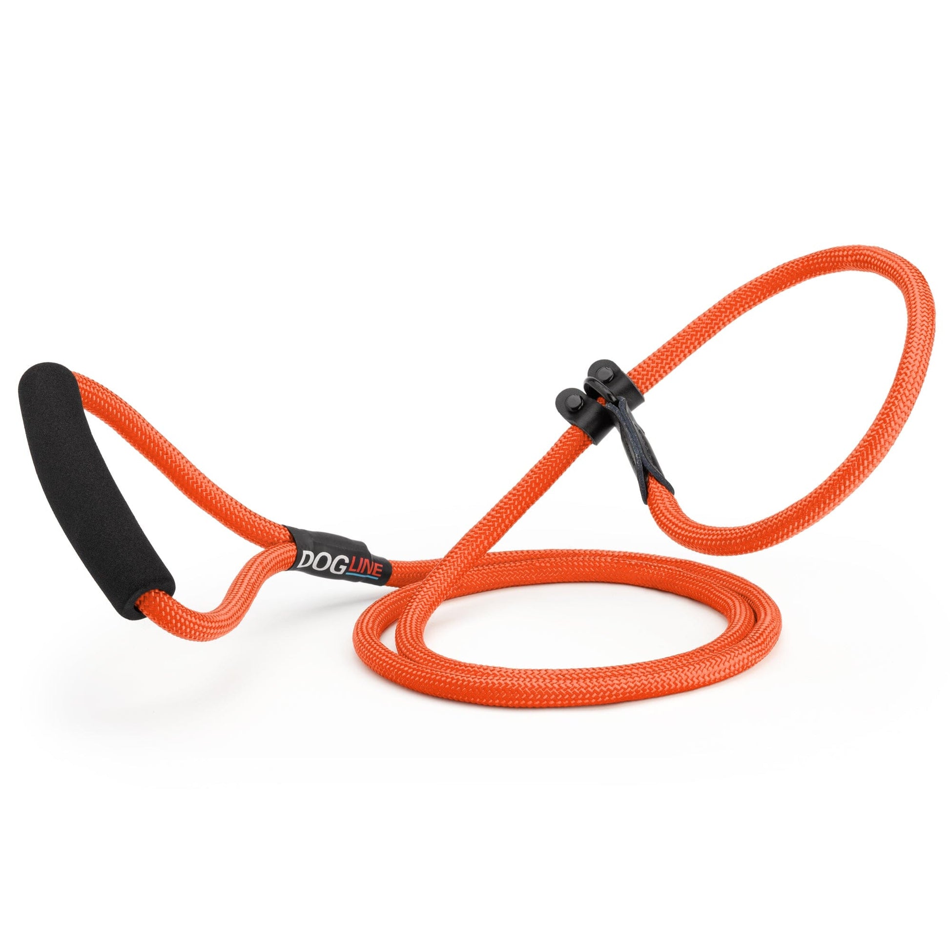 Orange nylon slip lead with padded neoprene handle, 1/3 inches wide, round rope design