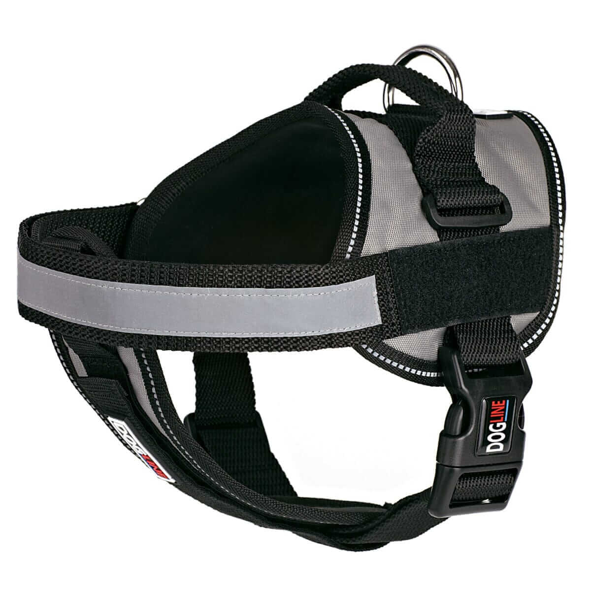 Dog harness displayed in a variety of colors including red, blue, and black