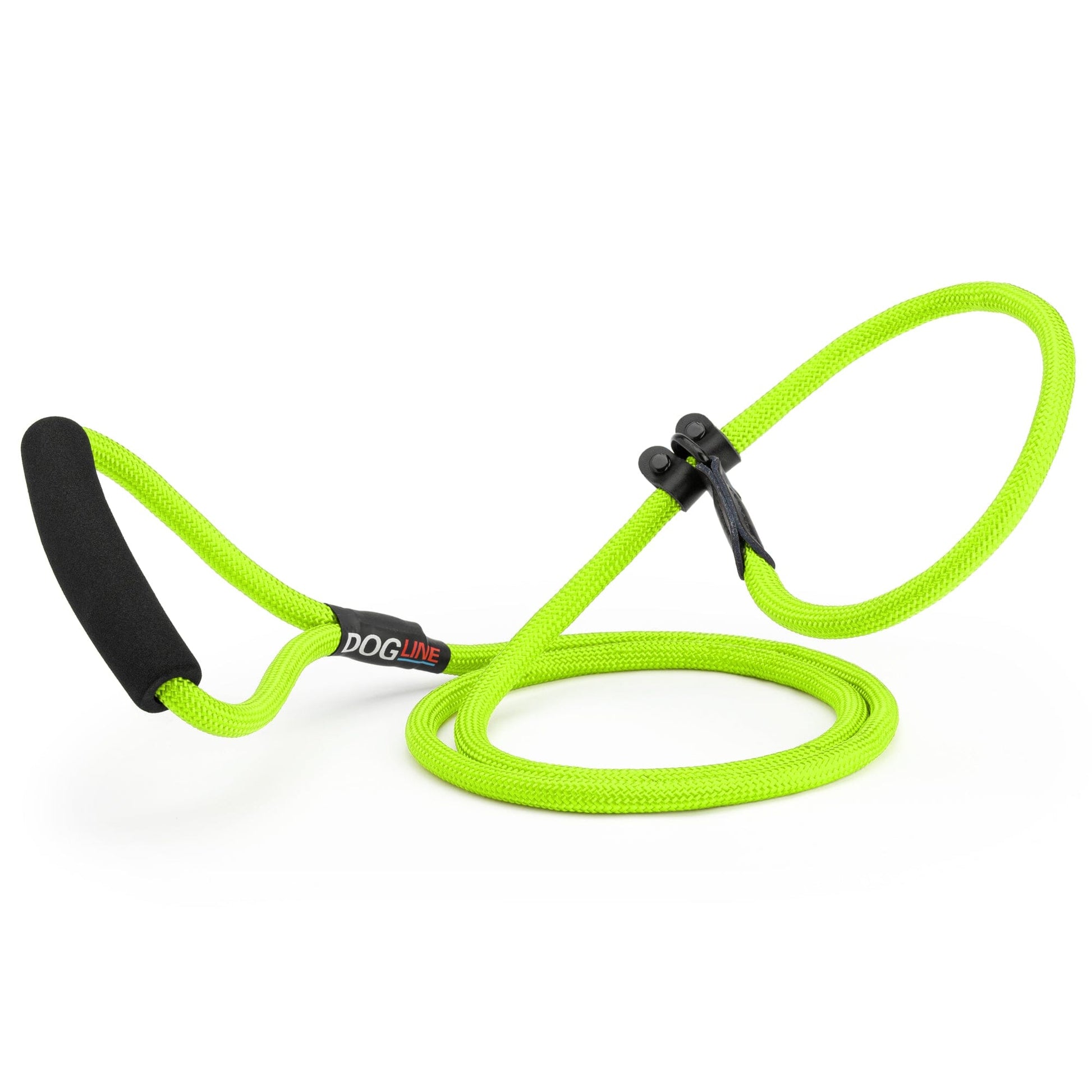 Lime green nylon slip lead with padded neoprene handle, 1/3 inches wide, round rope design