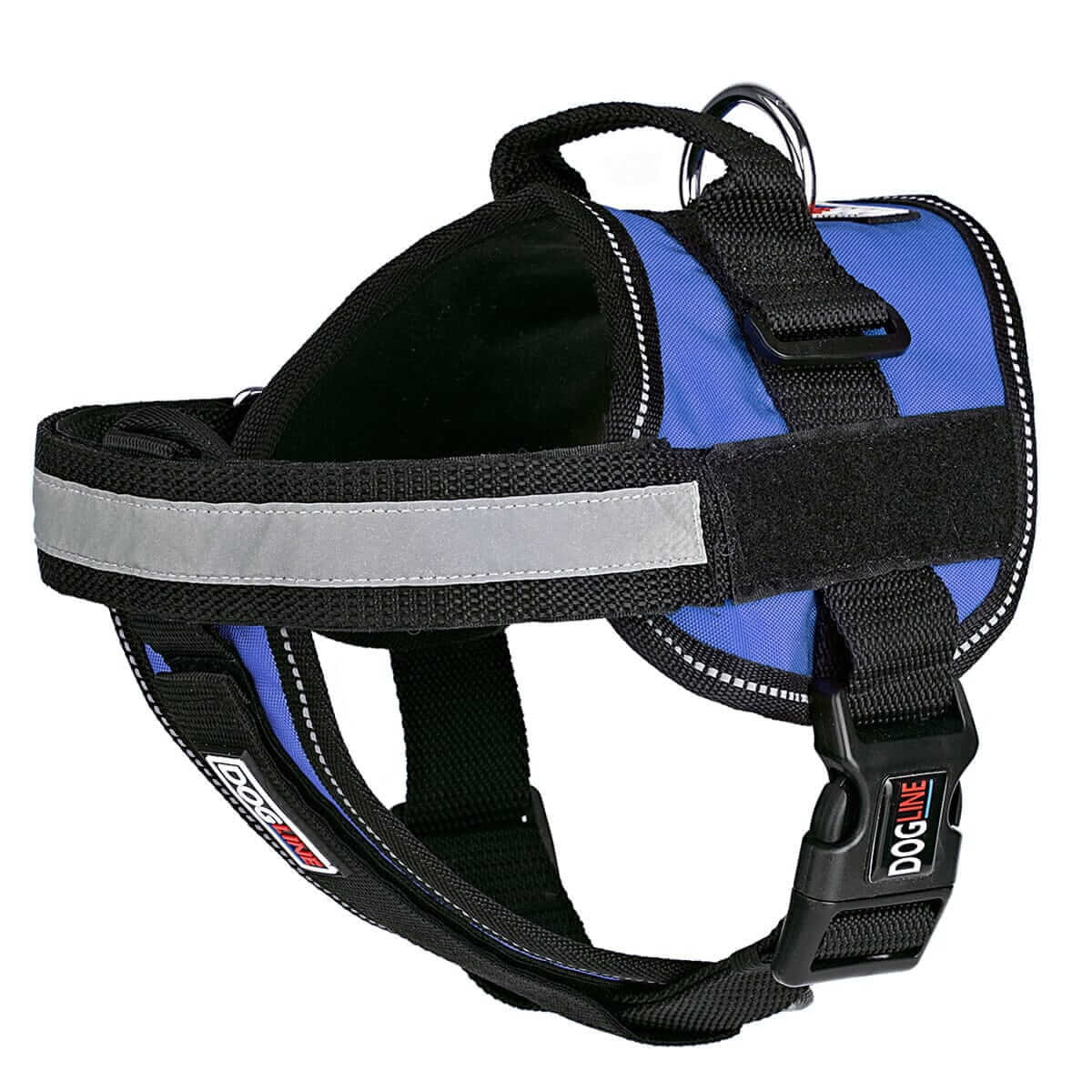Dog harness displayed in a variety of colors including red, blue, and black