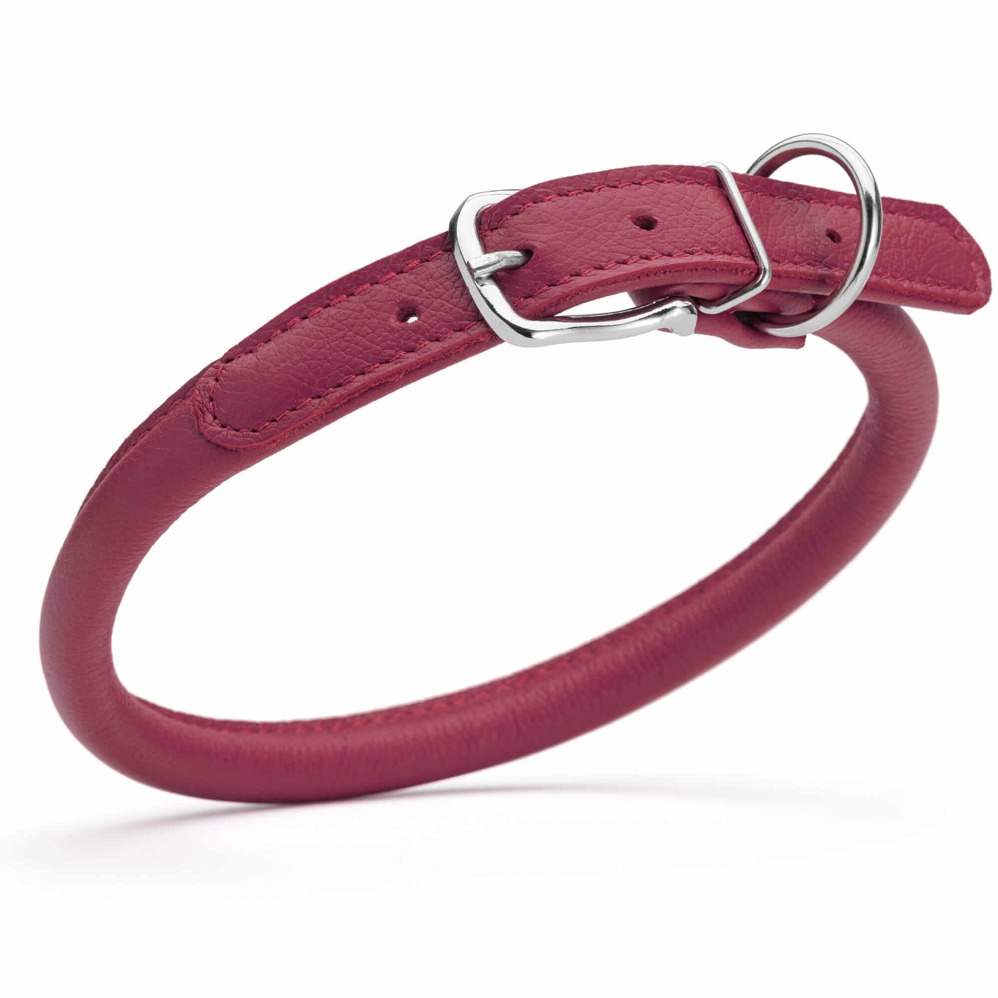 Soft leather round dog collar with durable stitching and adjustable buckle, comfortable and stylish pet accessory