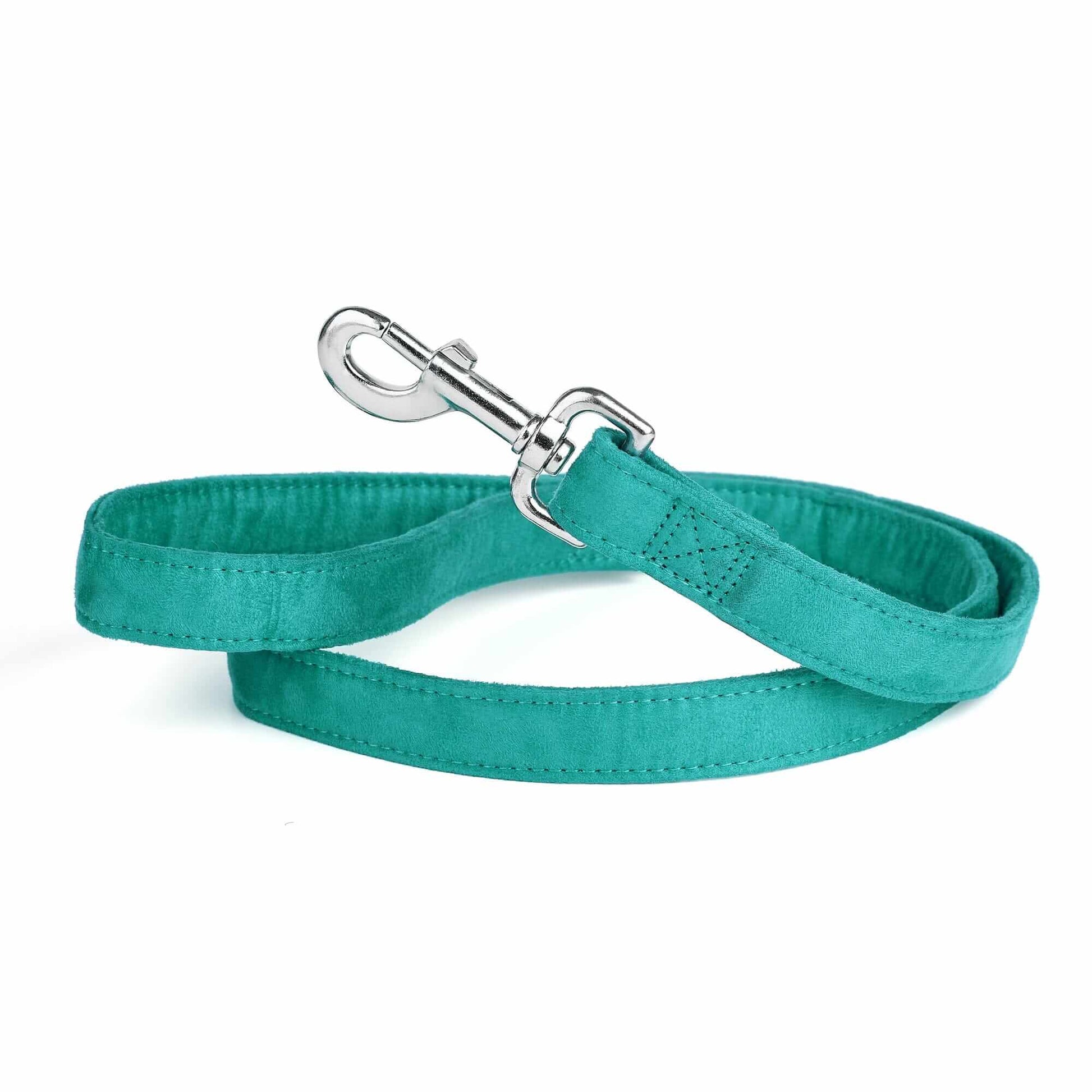 Teal dog leash with metal snap hook, made from soft microfiber
