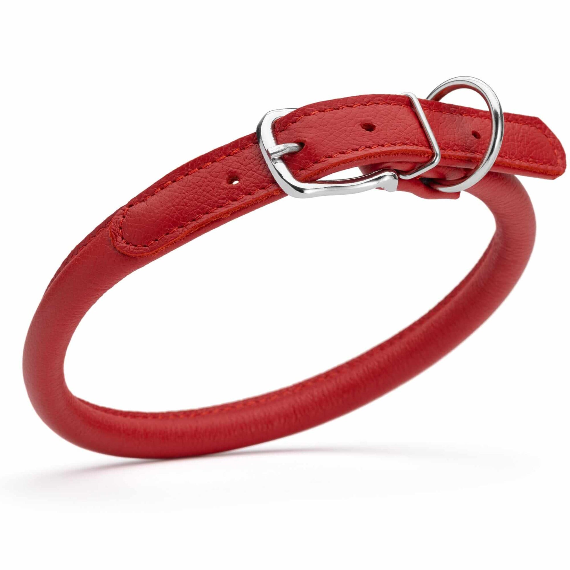 Soft leather round dog collar with durable stitching and adjustable buckle, comfortable and stylish pet accessory