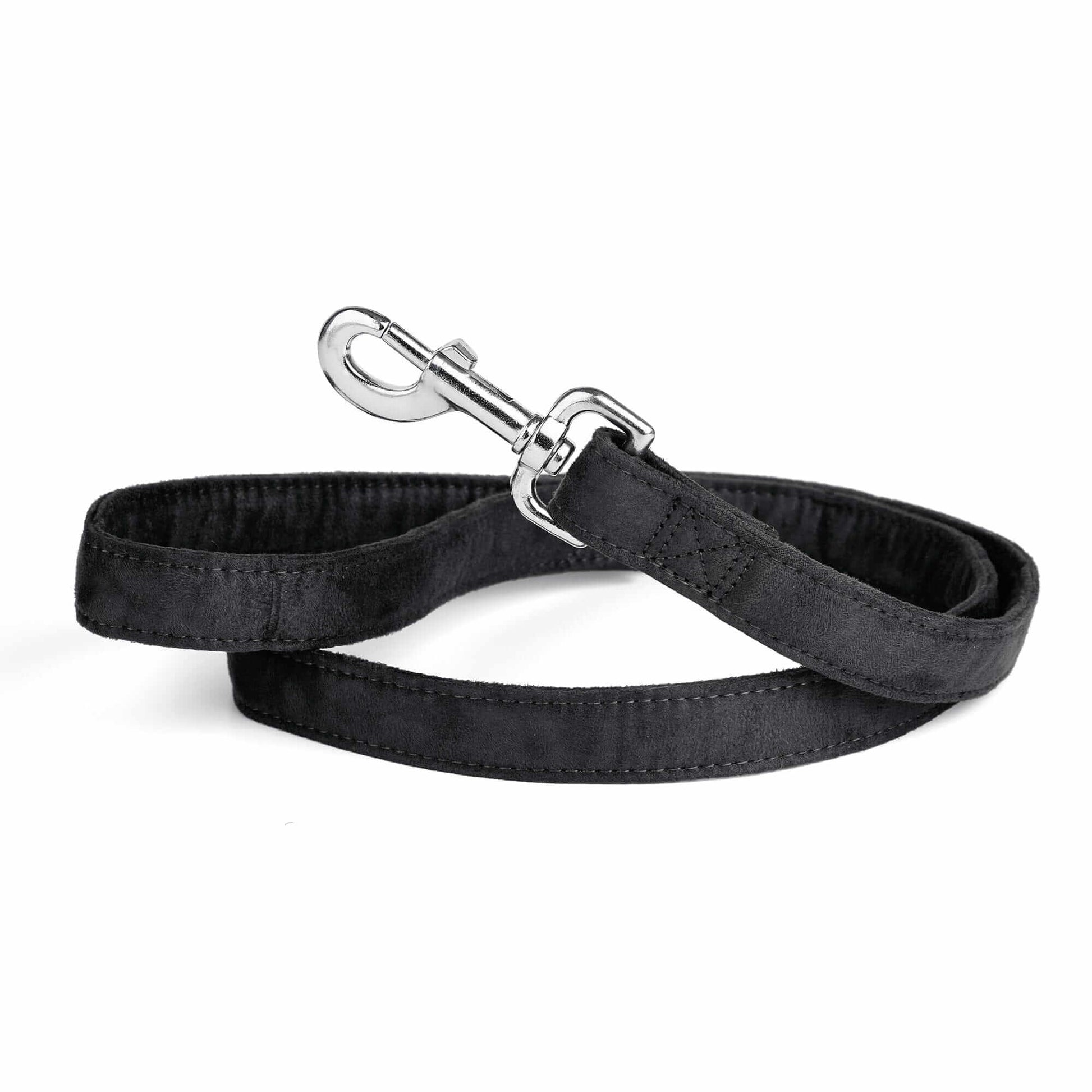 Black dog leash with metal snap hook, made from soft microfiber