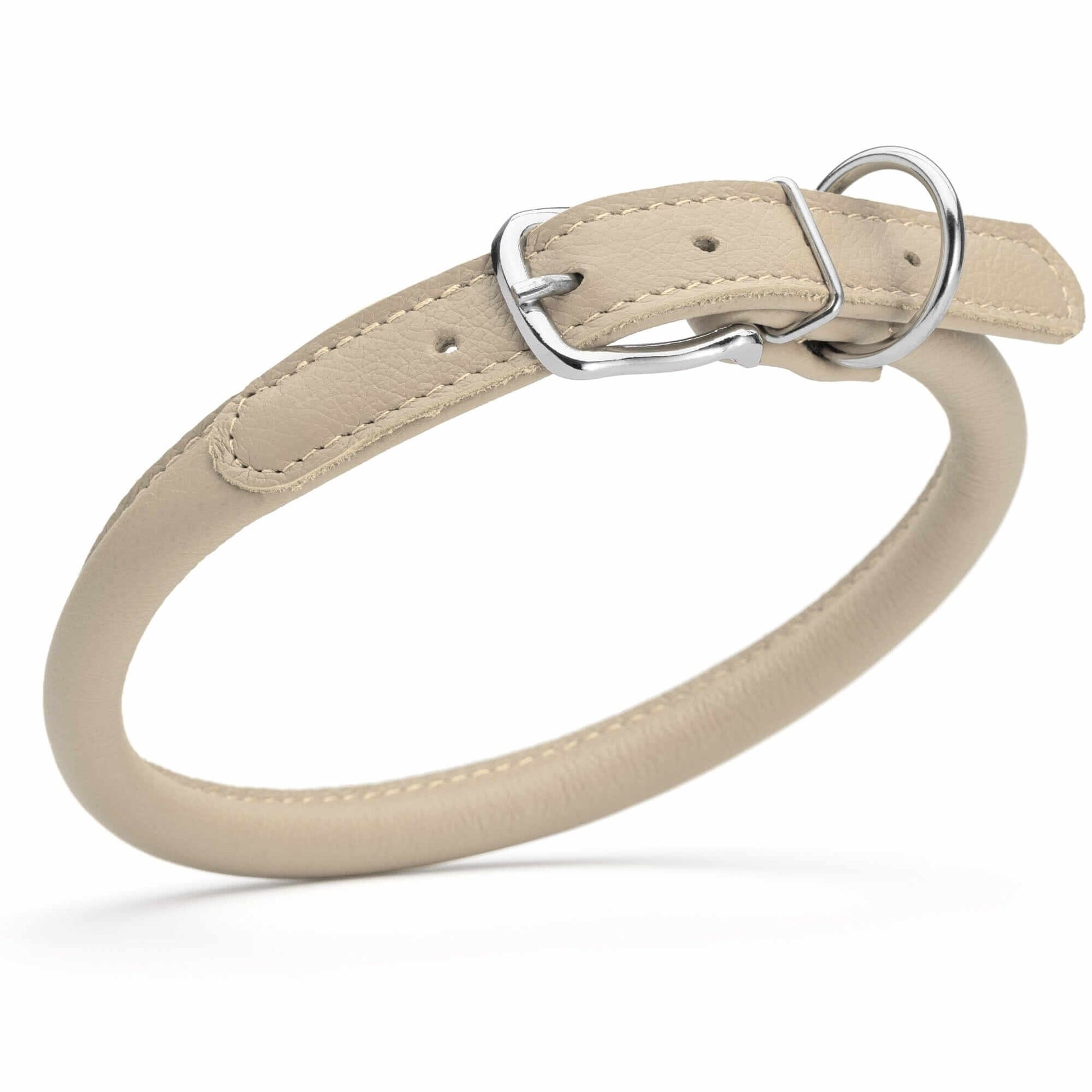 Soft leather round dog collar with durable stitching and adjustable buckle, comfortable and stylish pet accessory