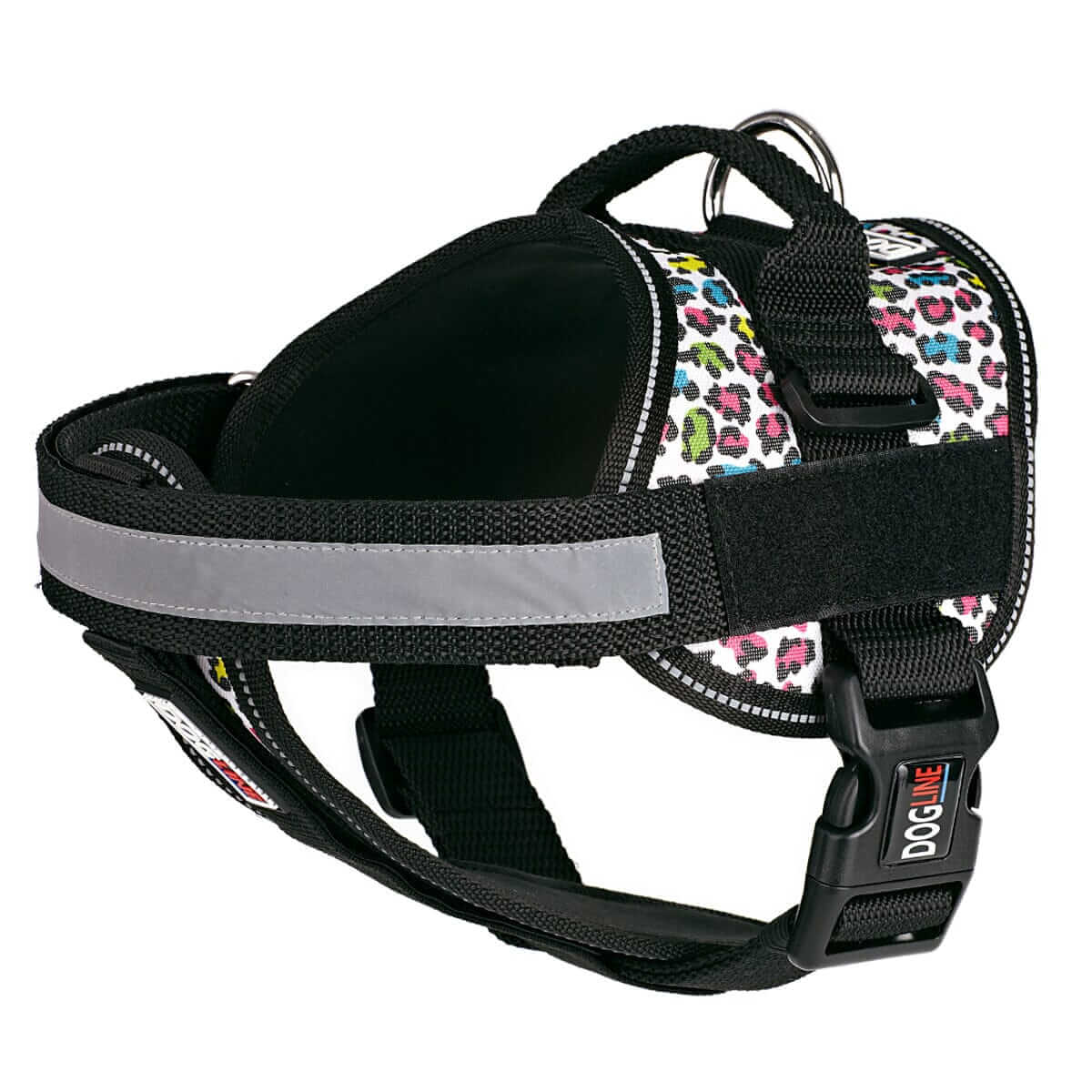 Dog harness displayed in a variety of colors including red, blue, and black