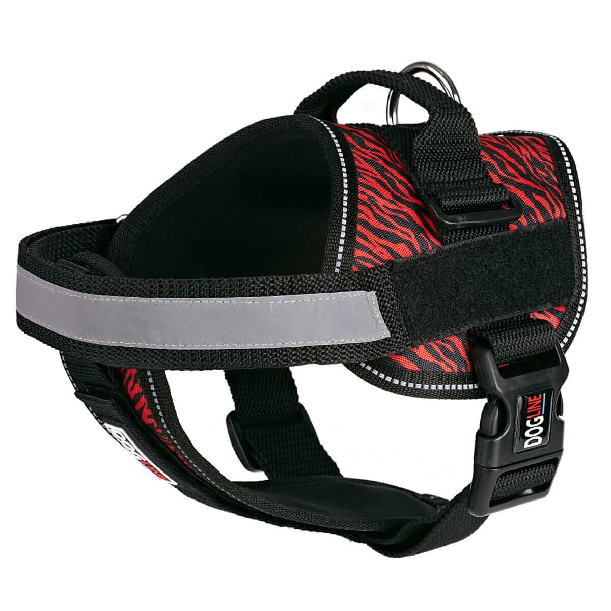 Dog harness displayed in a variety of colors including red, blue, and black