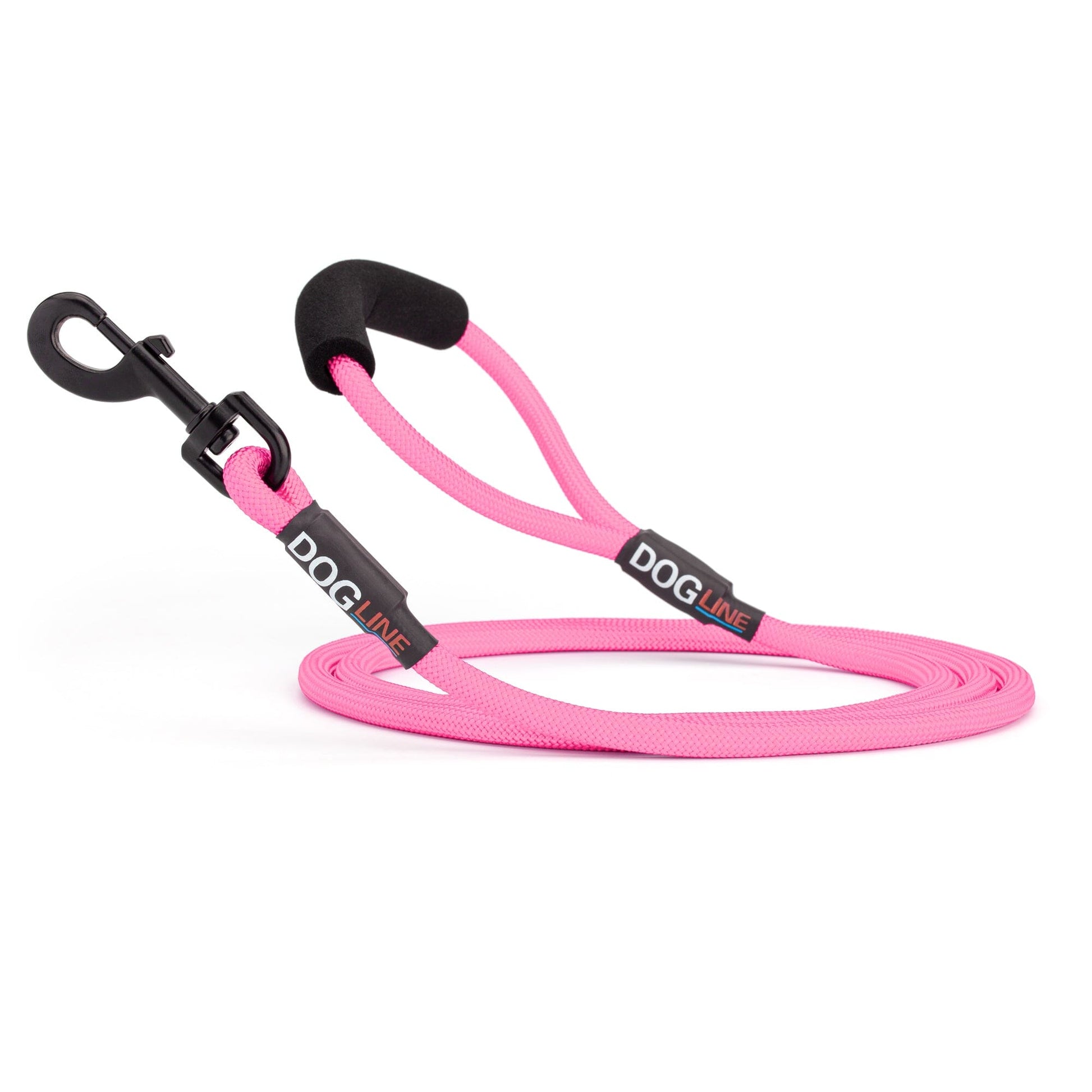 Pink nylon dog leash with black snap hook and padded neoprene handle, round rope design, 6 ft long