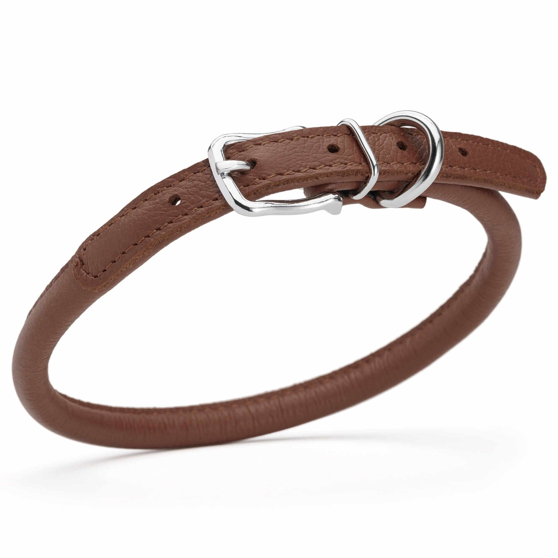 Soft leather round dog collar with durable stitching and adjustable buckle, comfortable and stylish pet accessory