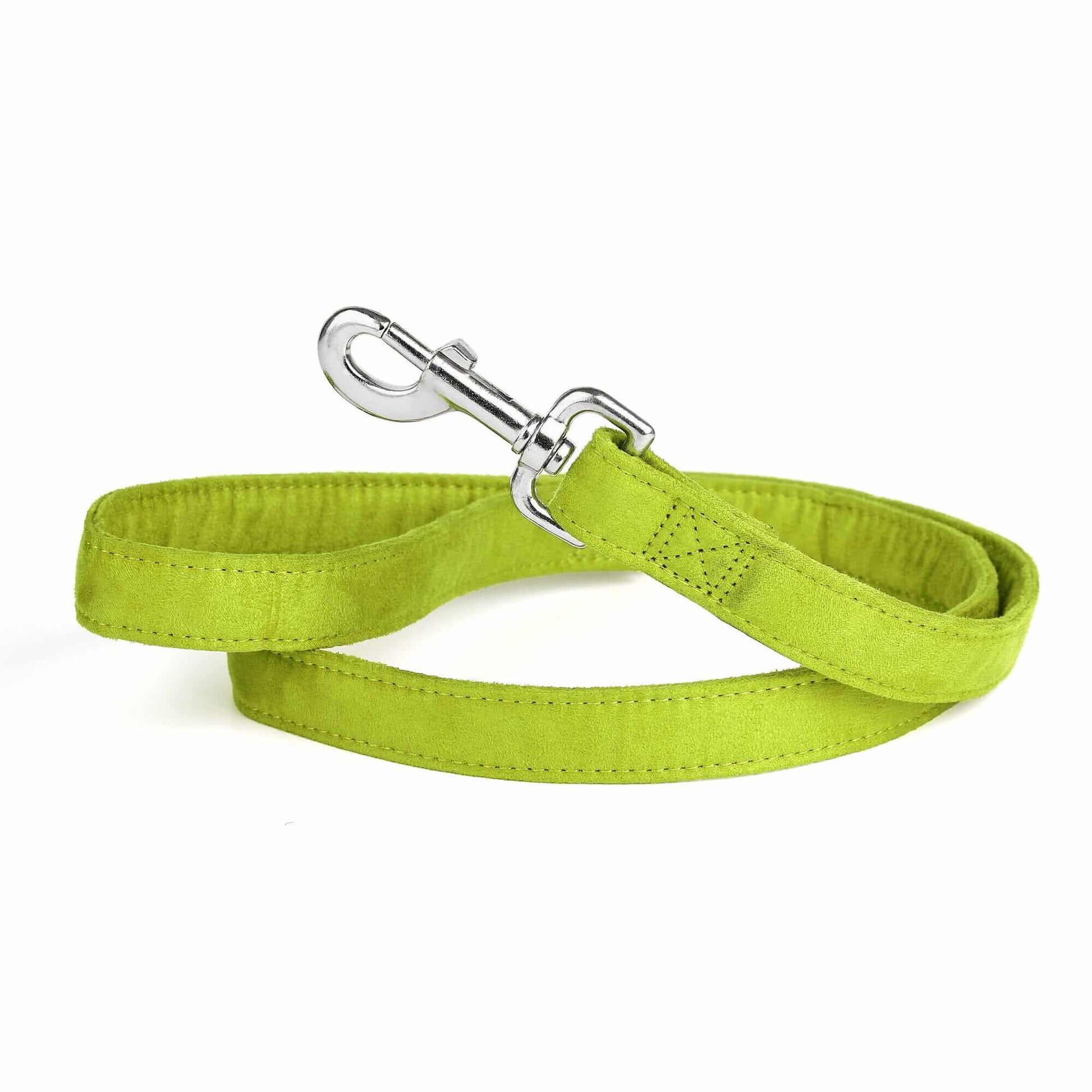 Lime green dog leash with metal snap hook, made from soft microfiber