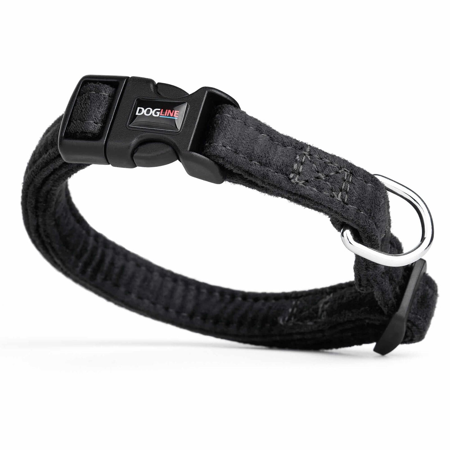 Black dog collar with quick release buckle and metal ring, made from soft microfiber, 5/8 inches wide