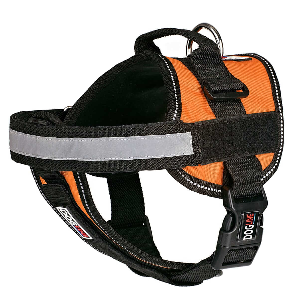 Dog harness displayed in a variety of colors including red, blue, and black