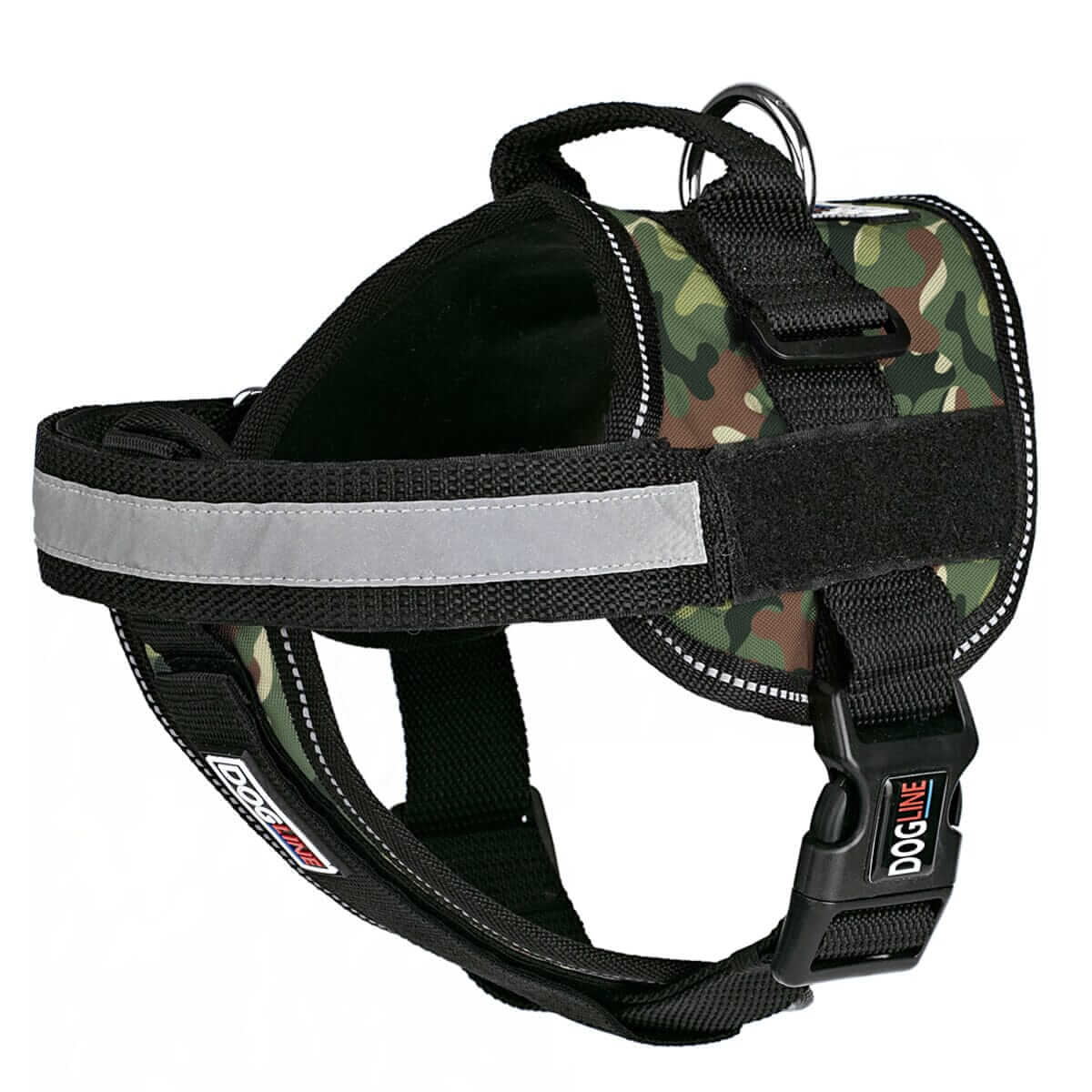 Dog harness displayed in a variety of colors including red, blue, and black