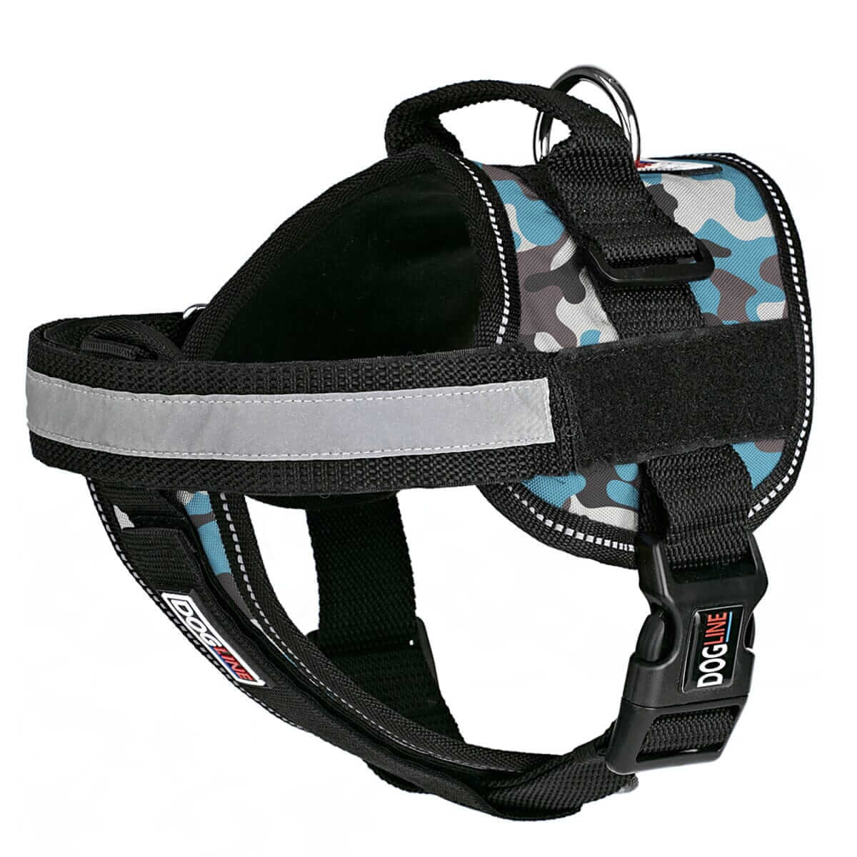 Dog harness displayed in a variety of colors including red, blue, and black