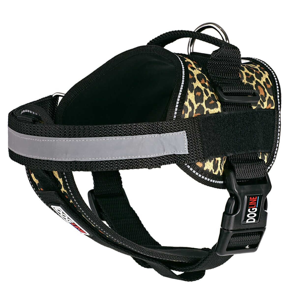 Dog harness displayed in a variety of colors including red, blue, and black