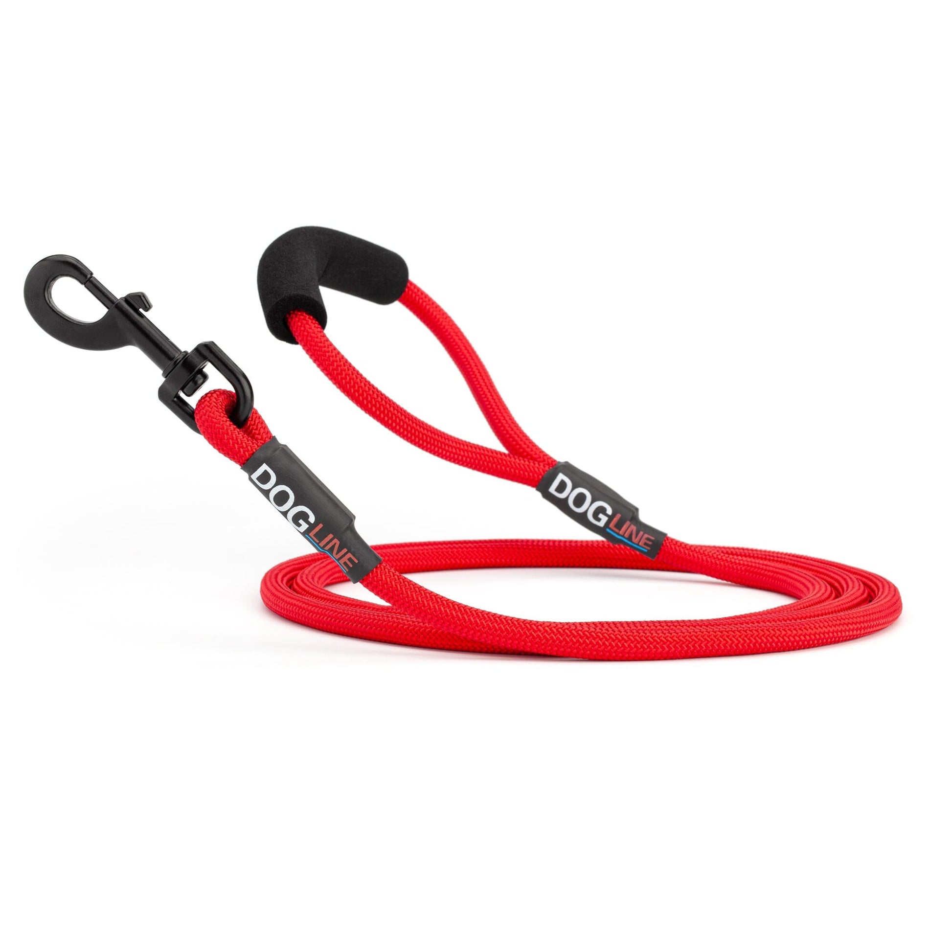 Red nylon dog leash with black snap hook and padded neoprene handle, round rope design, 6 ft long
