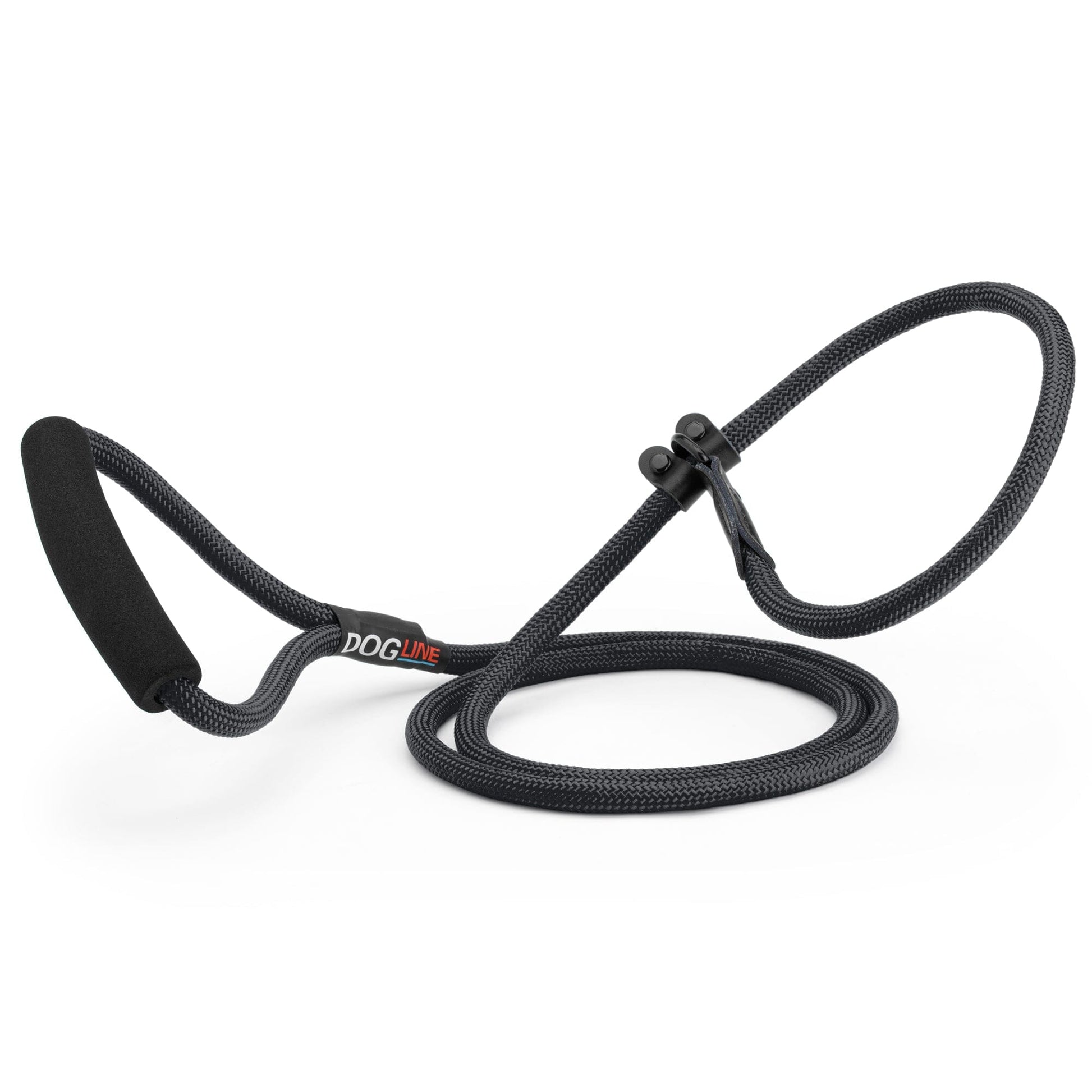 Black nylon slip lead with padded neoprene handle, 1/3 inches wide, round rope design