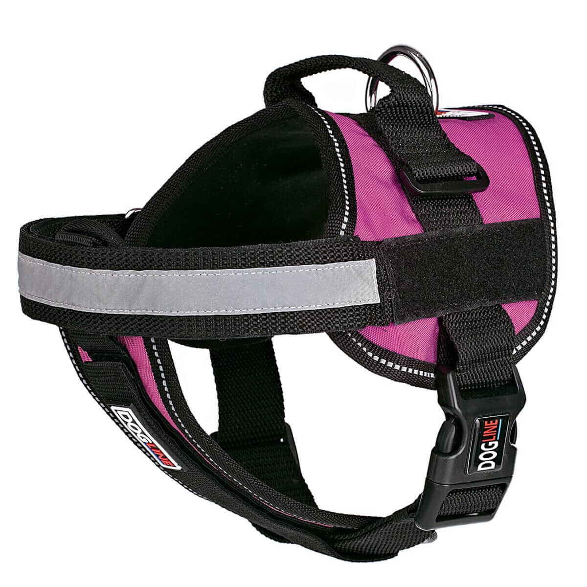 Dog harness displayed in a variety of colors including red, blue, and black