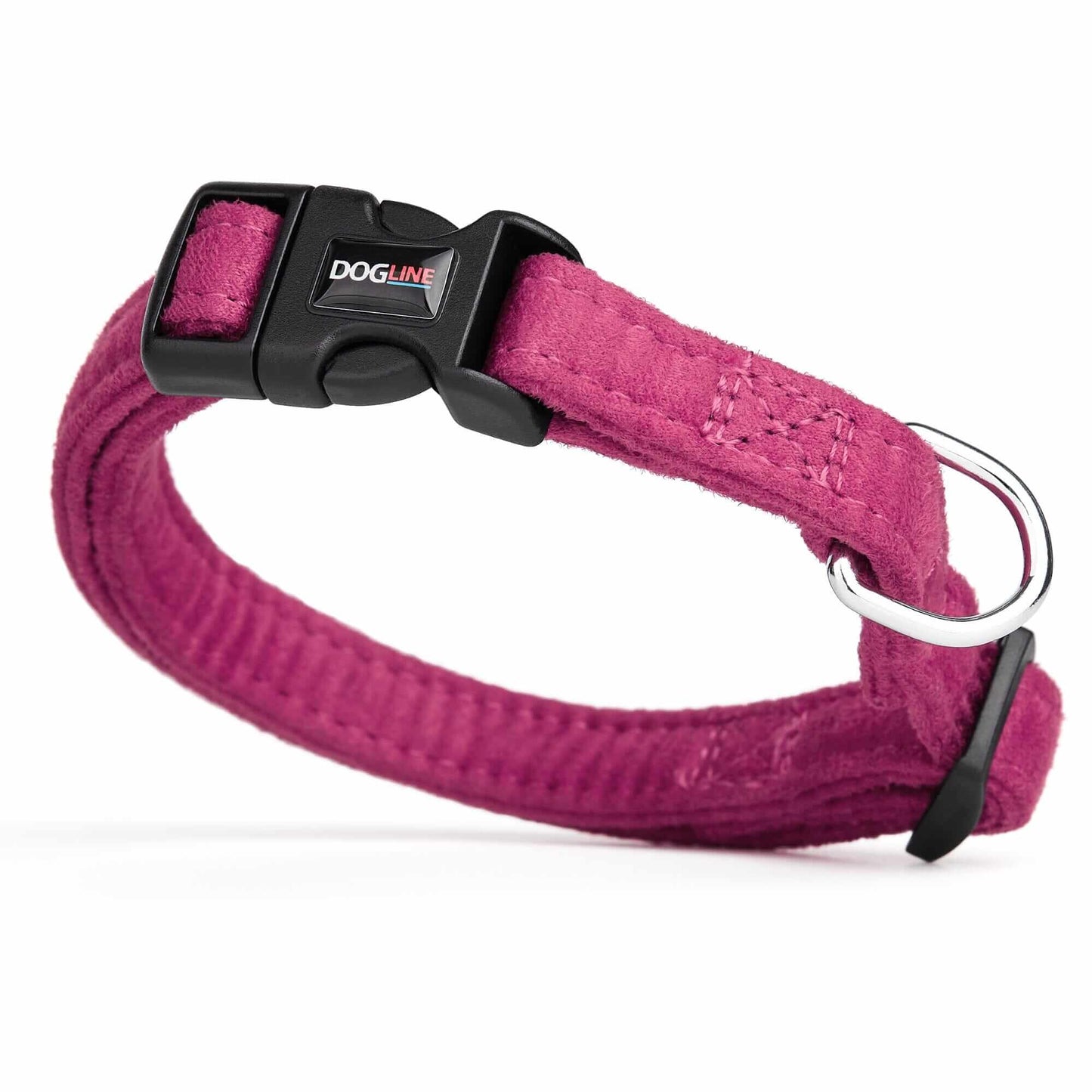 Pink dog collar with quick release buckle and metal ring, made from soft microfiber, 5/8 inches wide