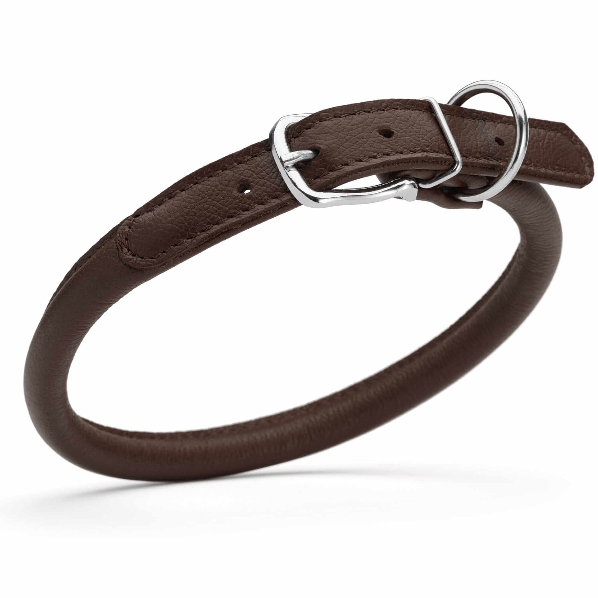 Soft leather round dog collar with durable stitching and adjustable buckle, comfortable and stylish pet accessory