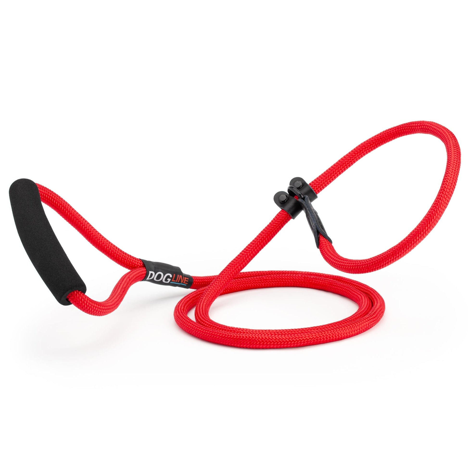 Red nylon slip lead with padded neoprene handle, 1/3 inches wide, round rope design