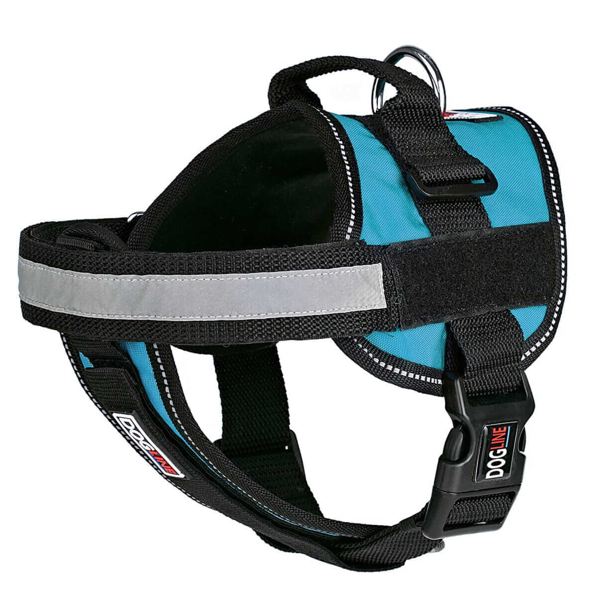 Dog harness displayed in a variety of colors including red, blue, and black