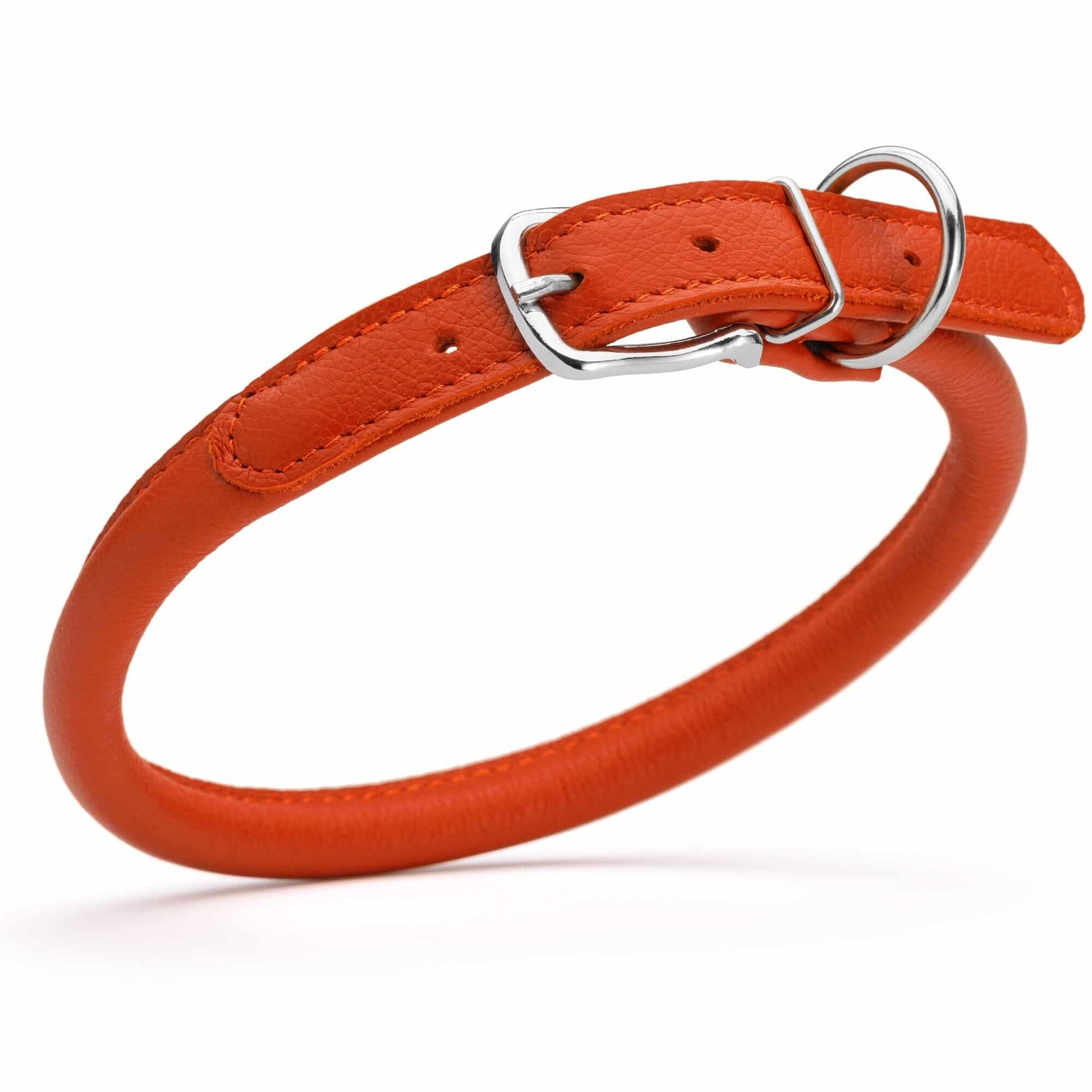 Soft leather round dog collar with durable stitching and adjustable buckle, comfortable and stylish pet accessory
