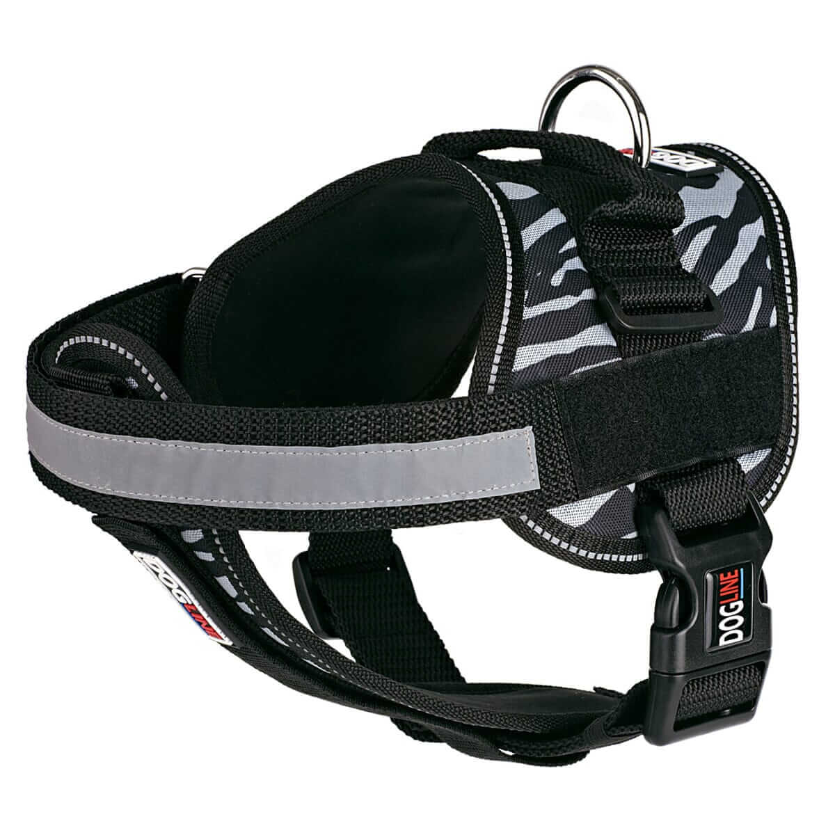 Dog harness displayed in a variety of colors including red, blue, and black