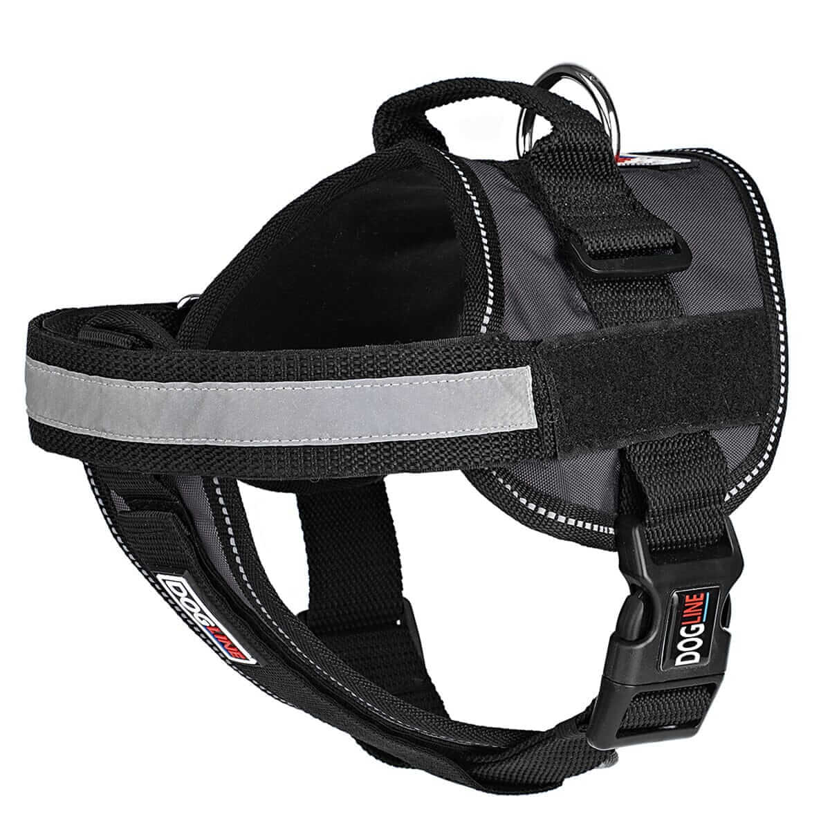 Dog harness displayed in a variety of colors including red, blue, and black