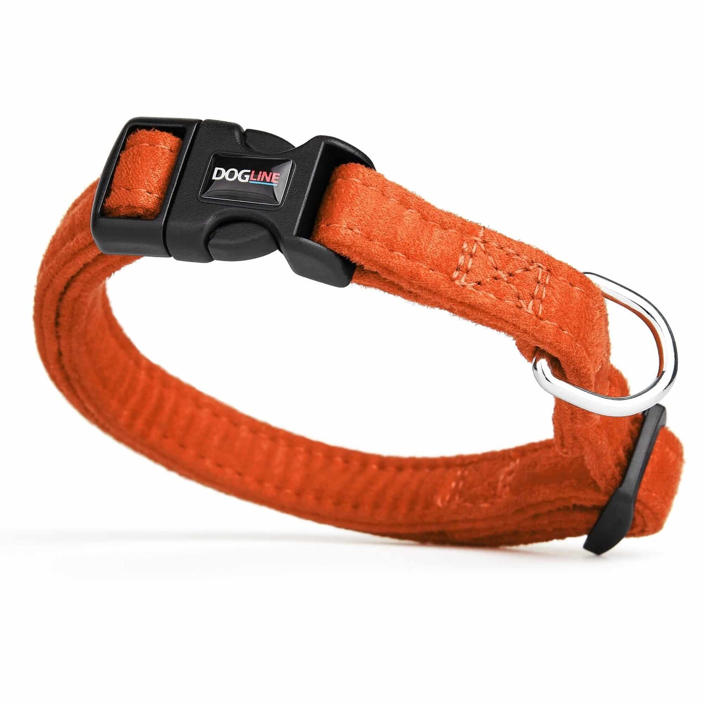 Orange dog collar with quick release buckle and metal ring, made from soft microfiber, 5/8 inches wide