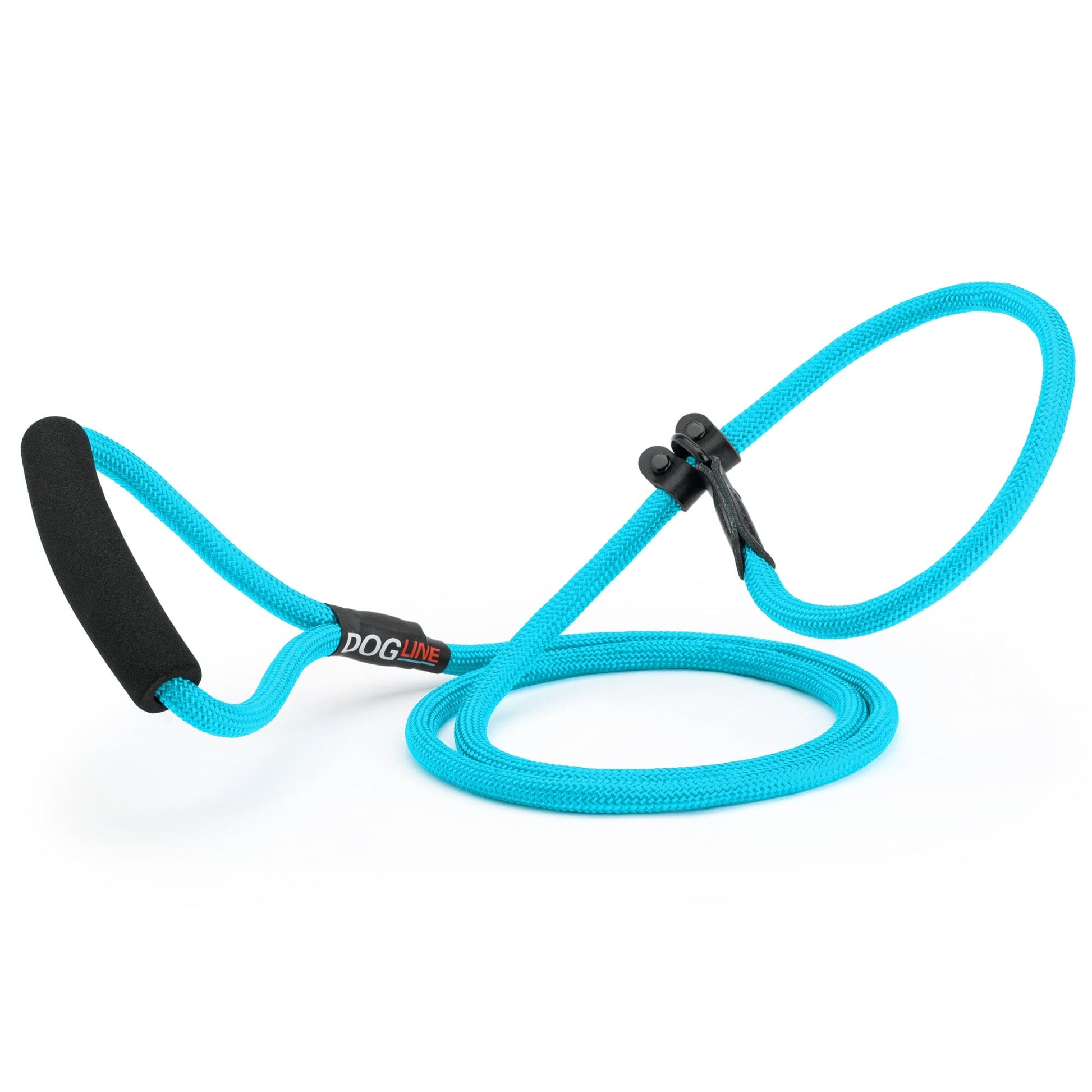 Cyan blue nylon slip lead with padded neoprene handle, 1/3 inches wide, round rope design