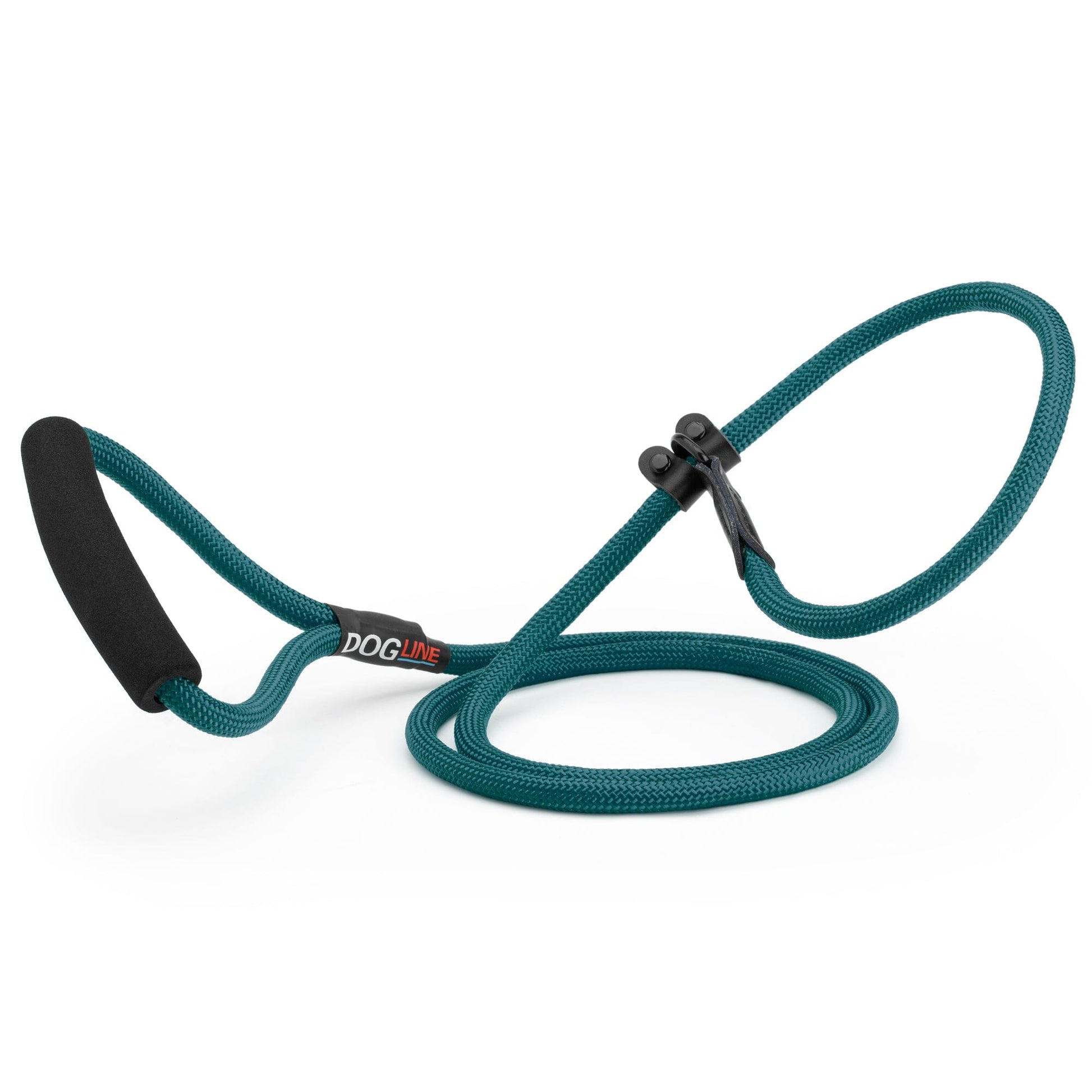 Teal nylon slip lead with padded neoprene handle, 1/3 inches wide, round rope design
