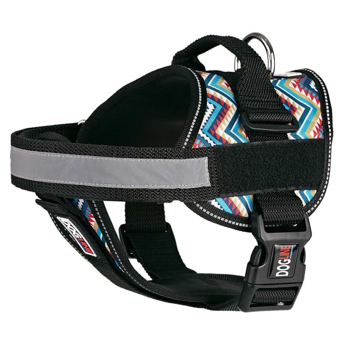 Dog harness displayed in a variety of colors including red, blue, and black