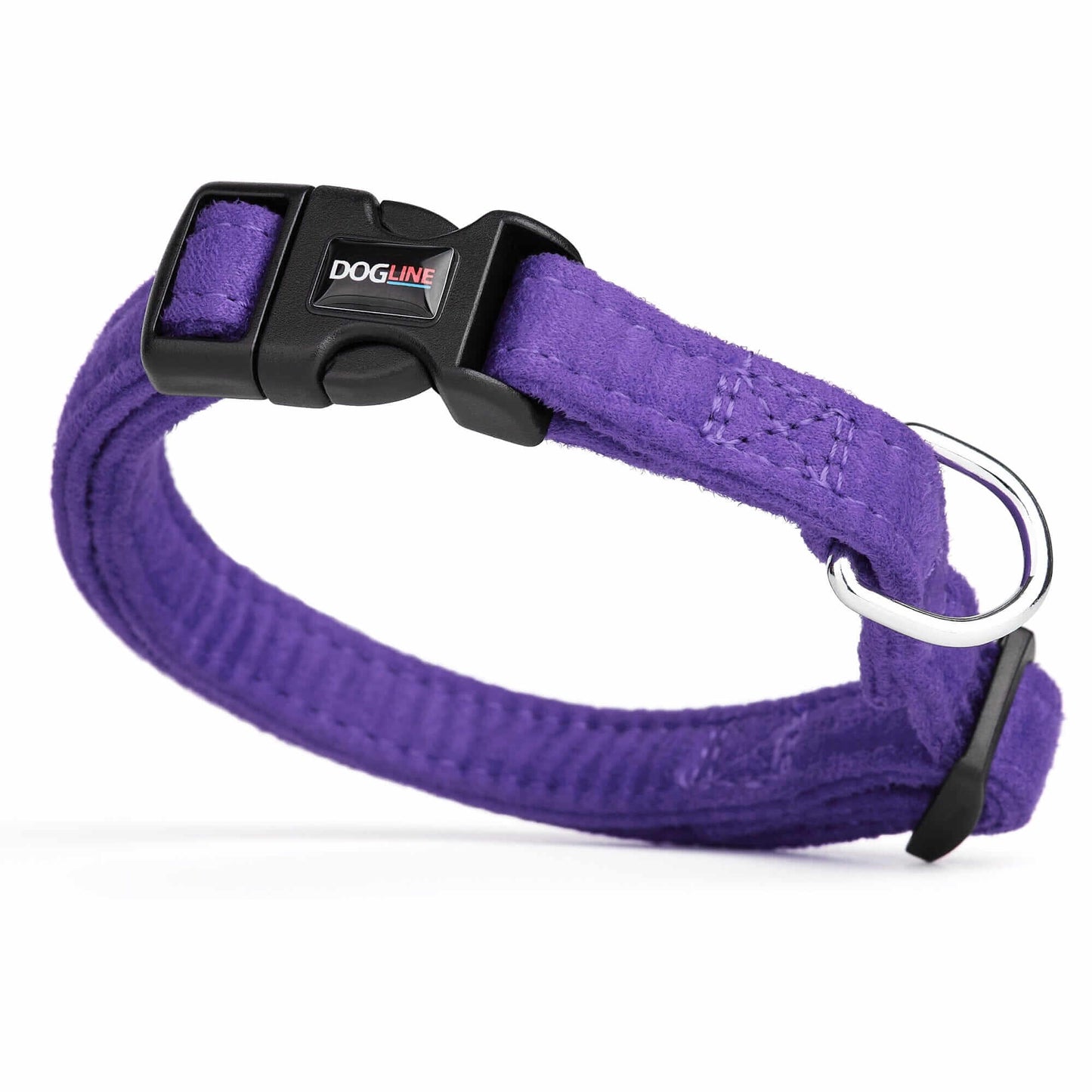 Purple dog collar with quick release buckle and metal ring, made from soft microfiber, 5/8 inches wide