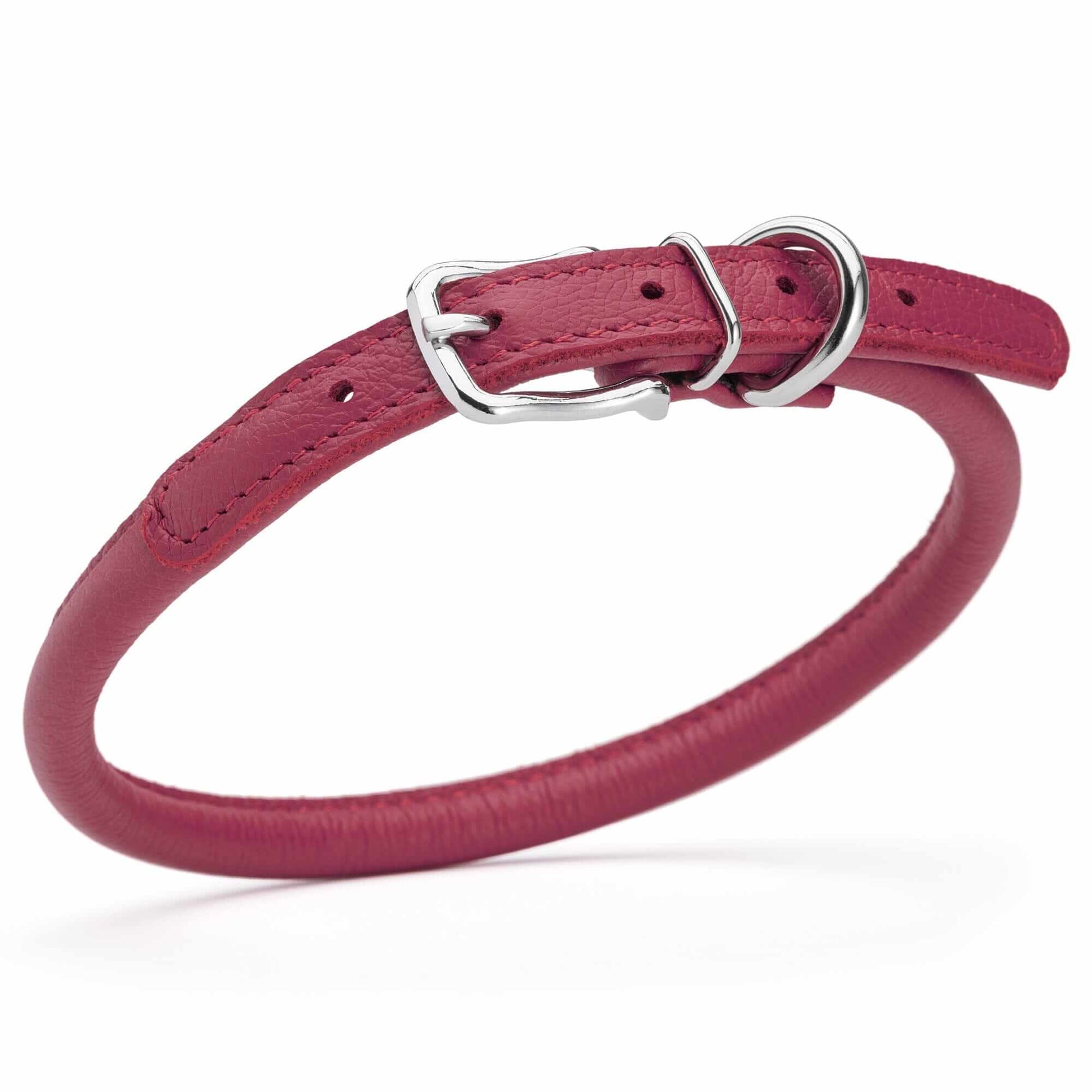 Soft leather round dog collar with durable stitching and adjustable buckle, comfortable and stylish pet accessory