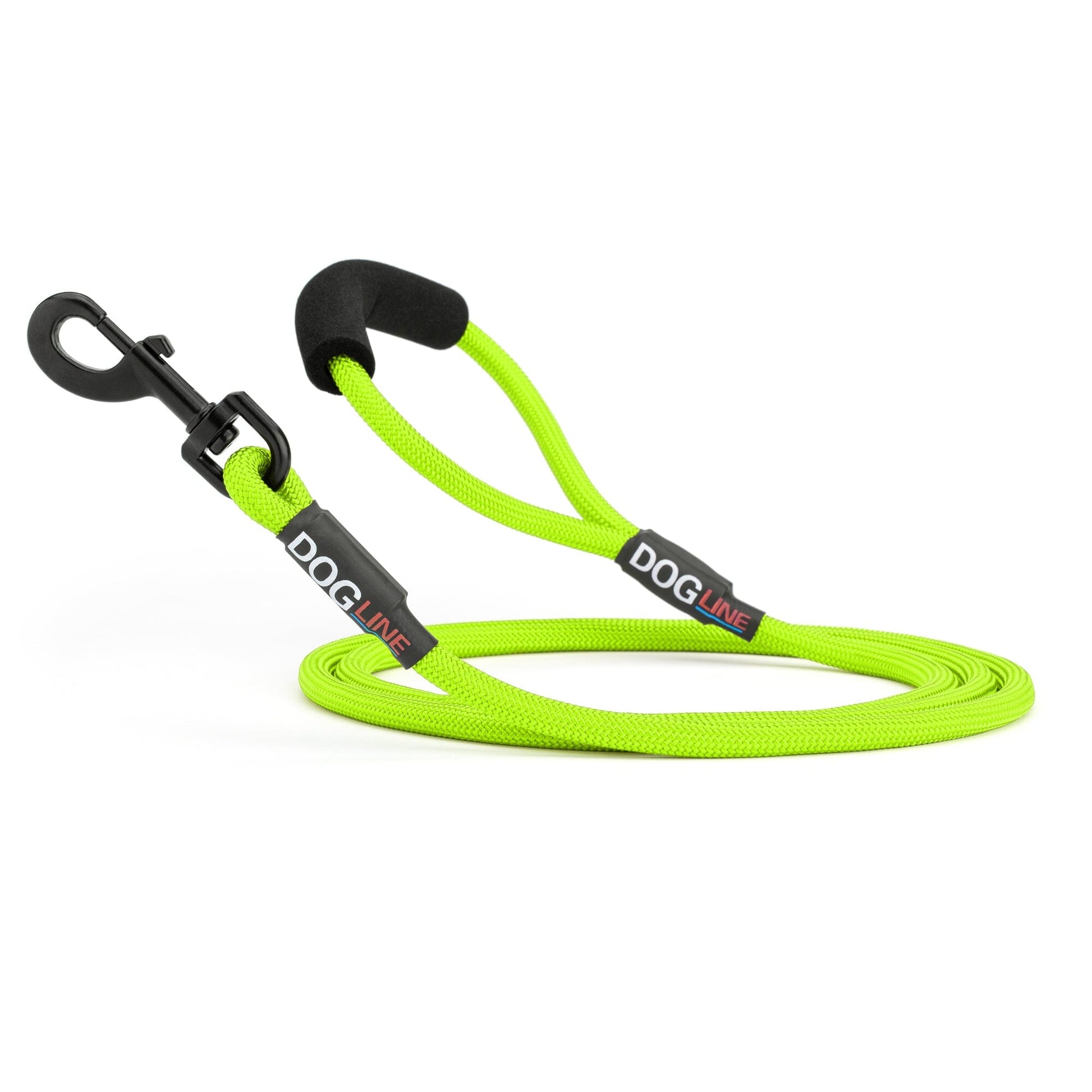 Lime green nylon dog leash with black snap hook and padded neoprene handle, round rope design, 6 ft long