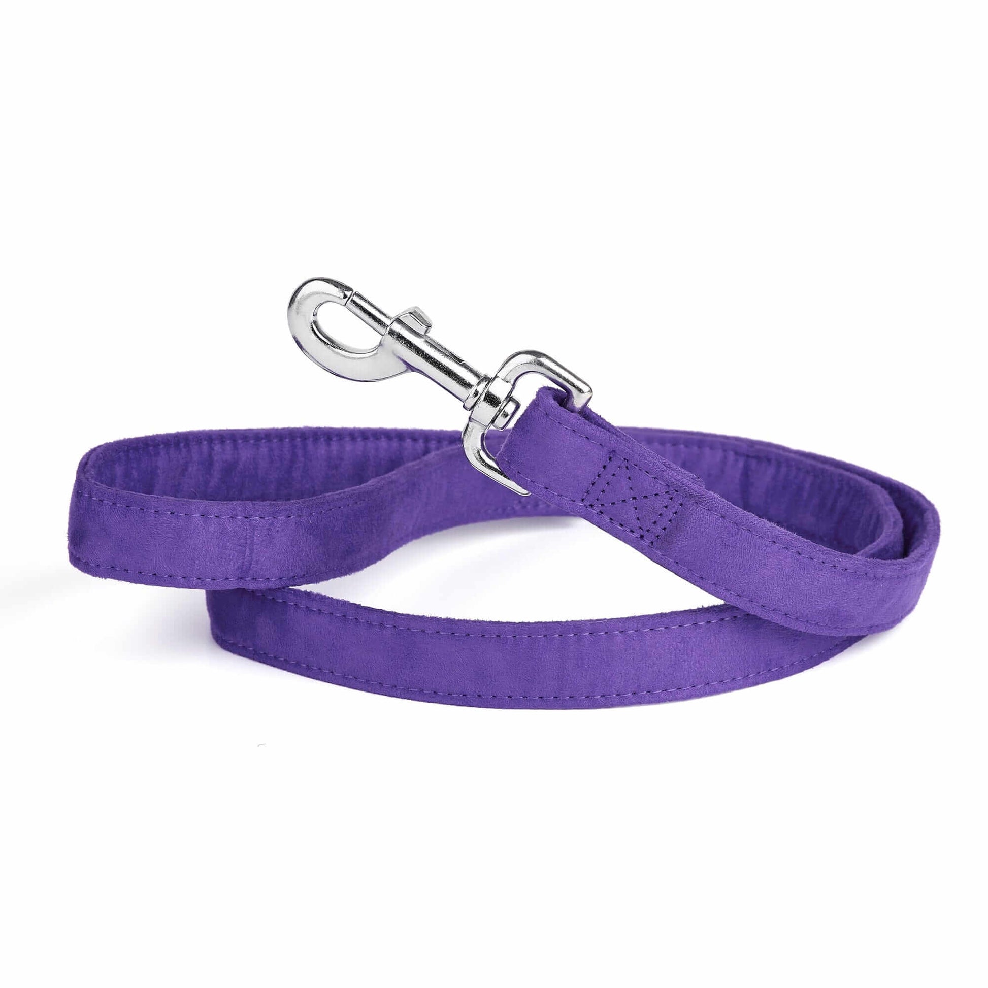 Purple dog leash with metal snap hook, made from soft microfiber