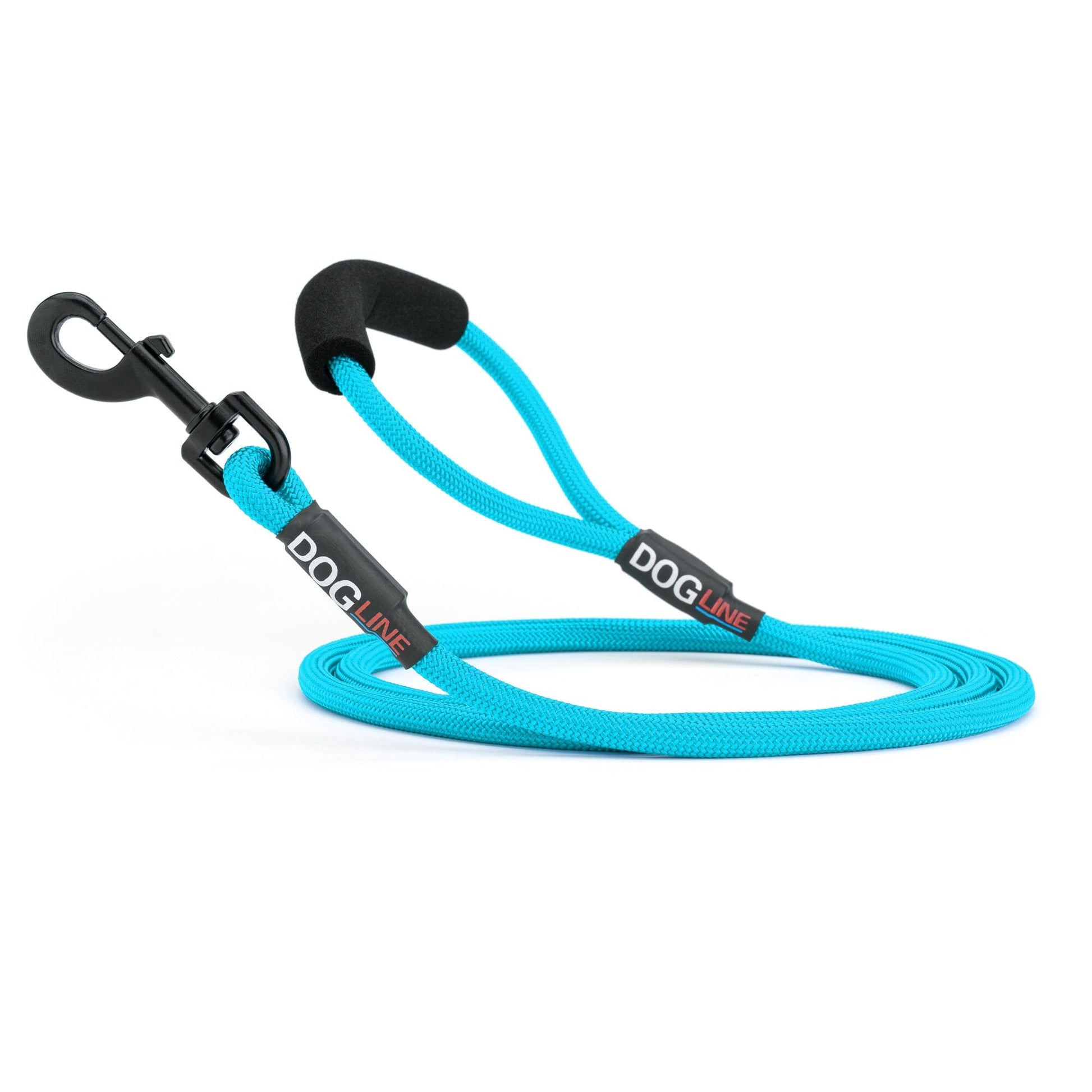 Cyan blue nylon dog leash with black snap hook and padded neoprene handle, round rope design, 6 ft long