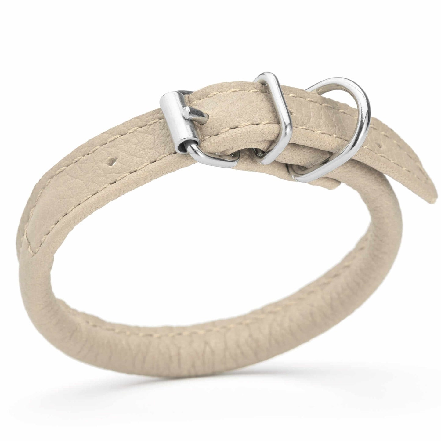 Dog wearing a white soft leather round collar sitting in the park with owner