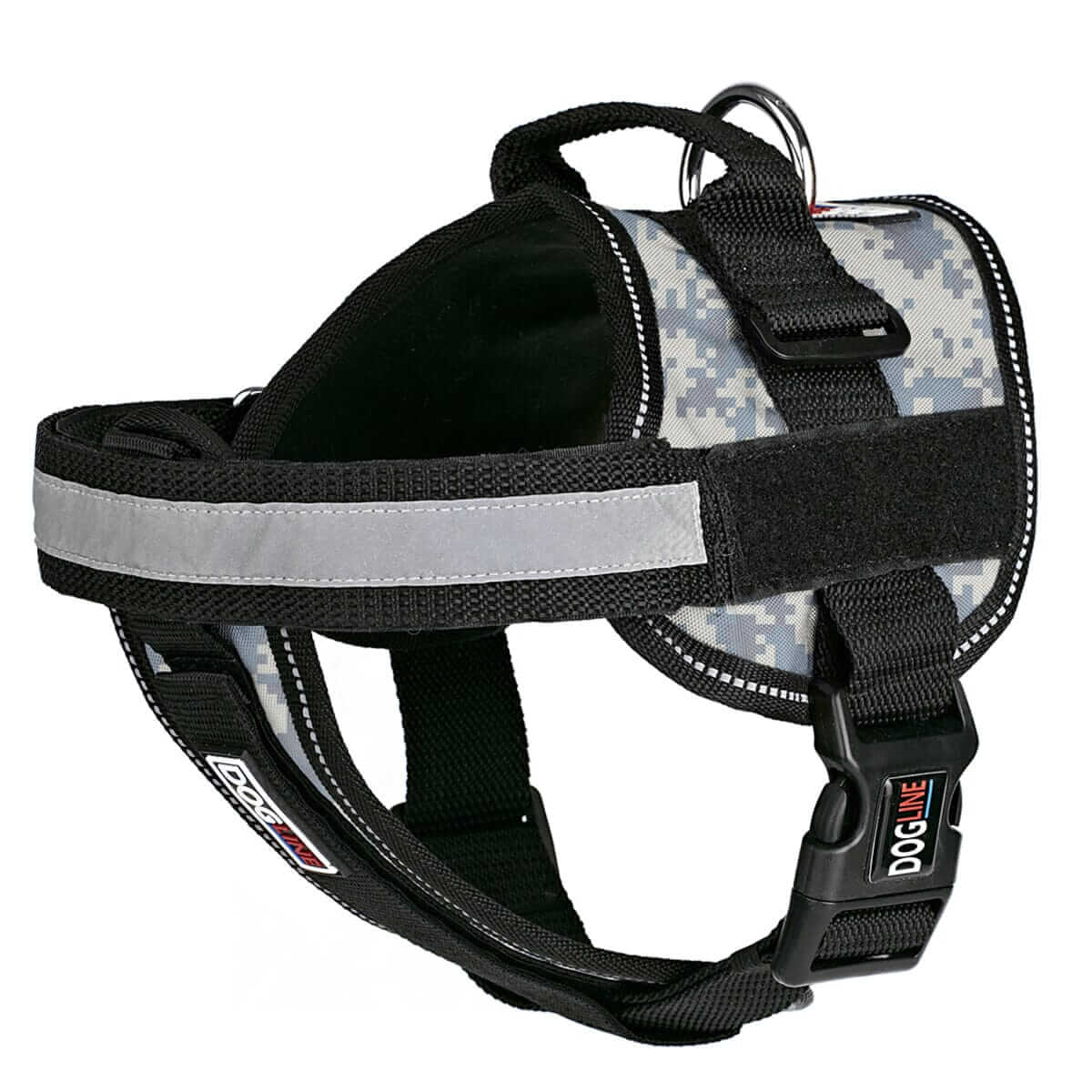 Dog harness displayed in a variety of colors including red, blue, and black