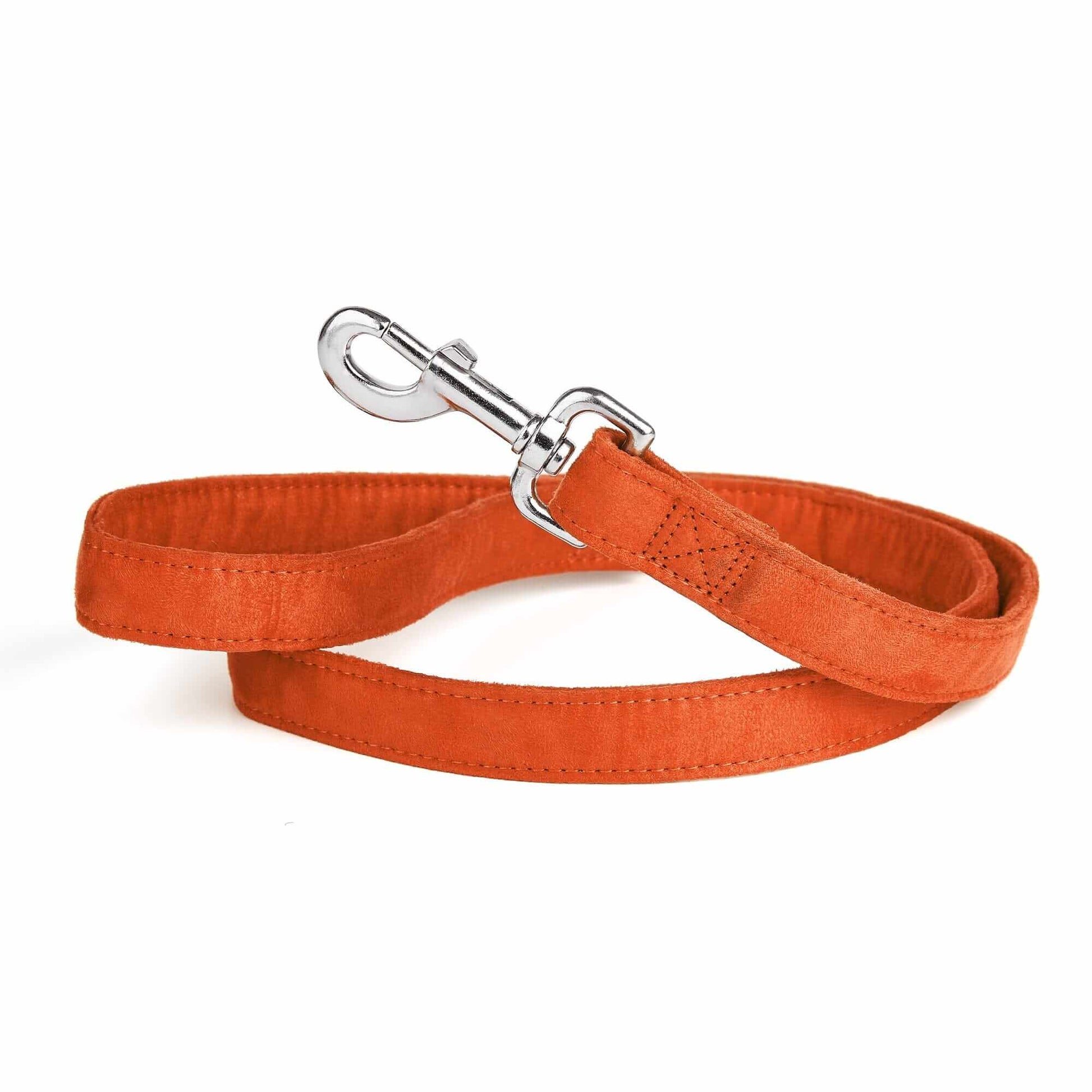 Orange dog leash with metal snap hook, made from soft microfiber