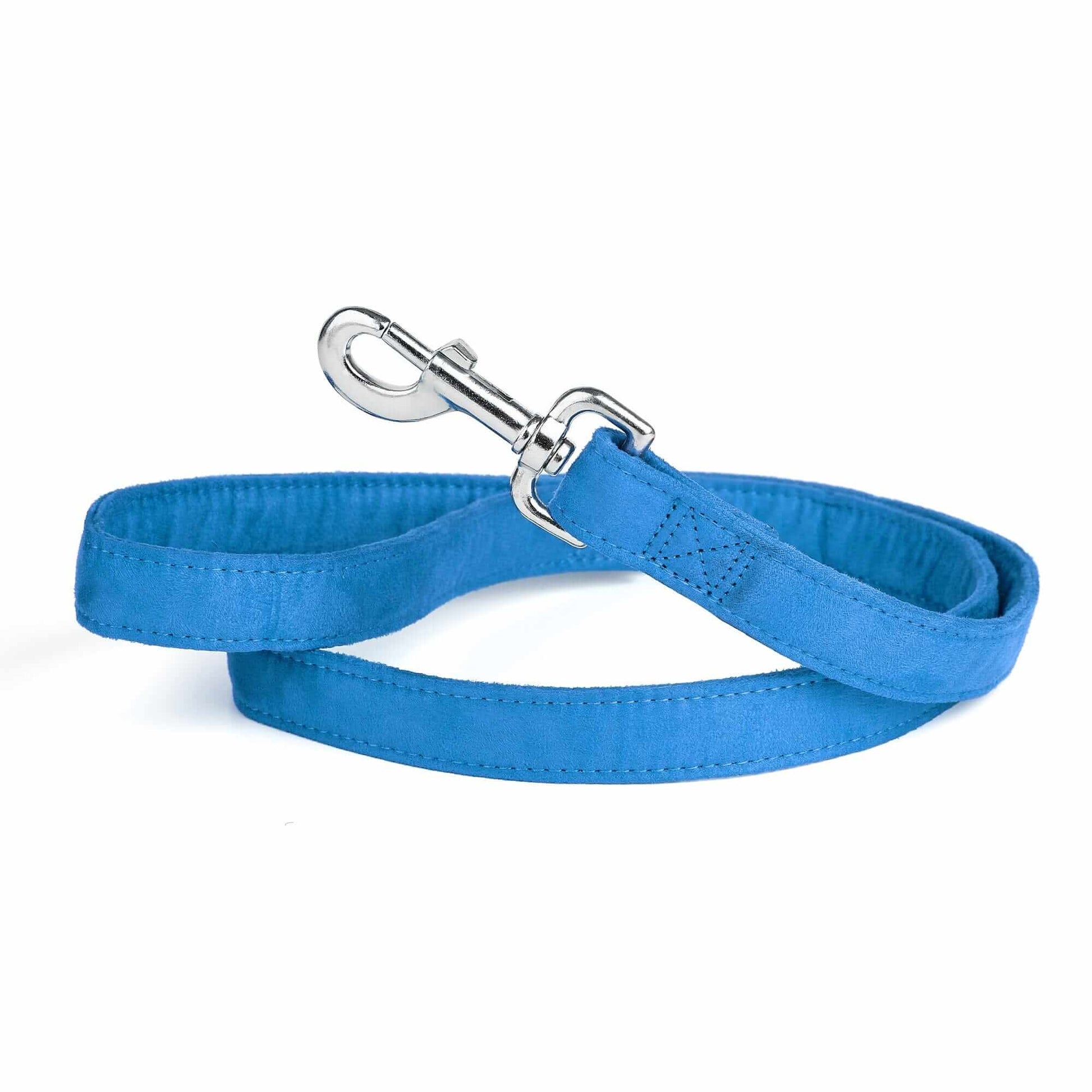 Blue dog leash with metal snap hook, made from soft microfiber