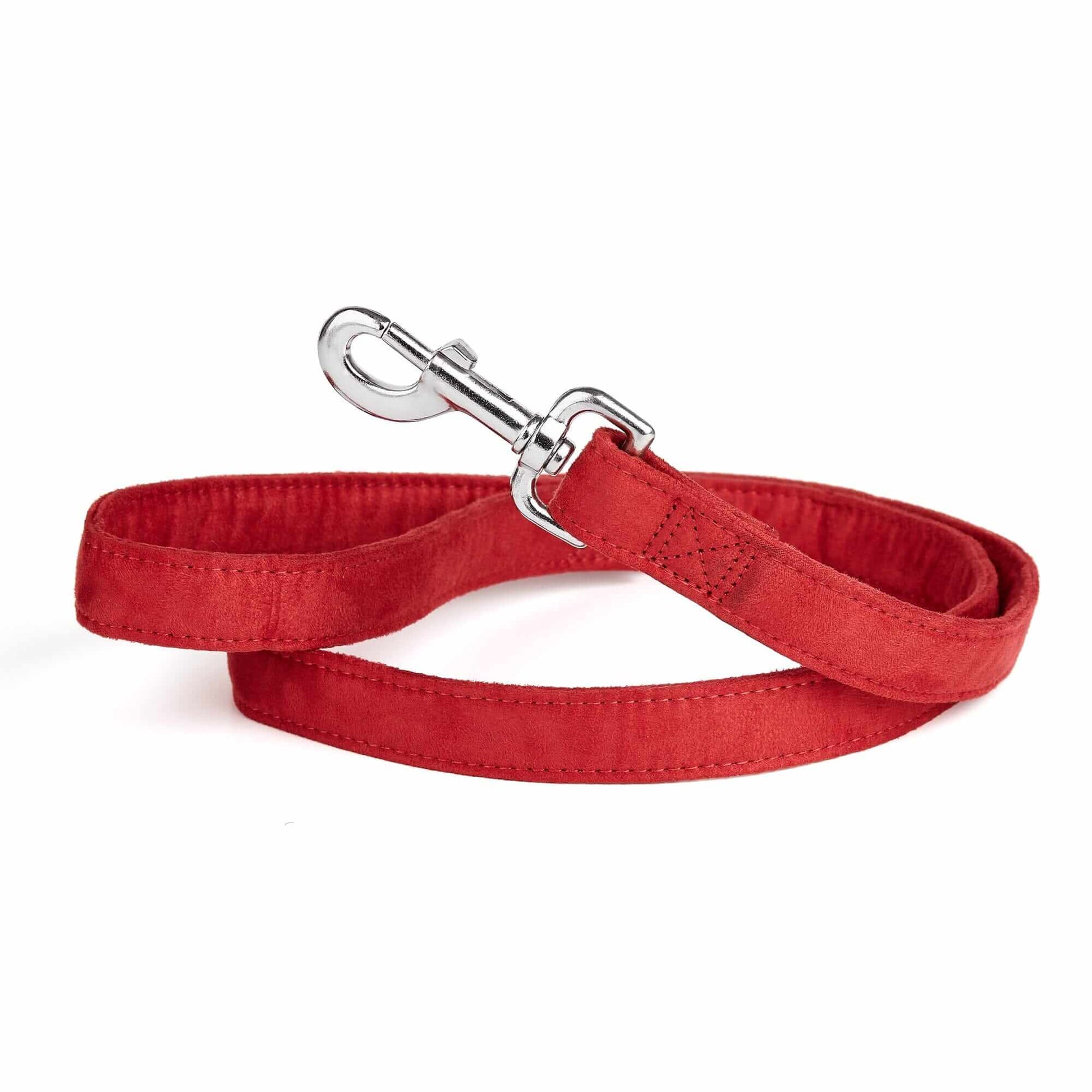 Red dog leash with metal snap hook, made from soft microfiber