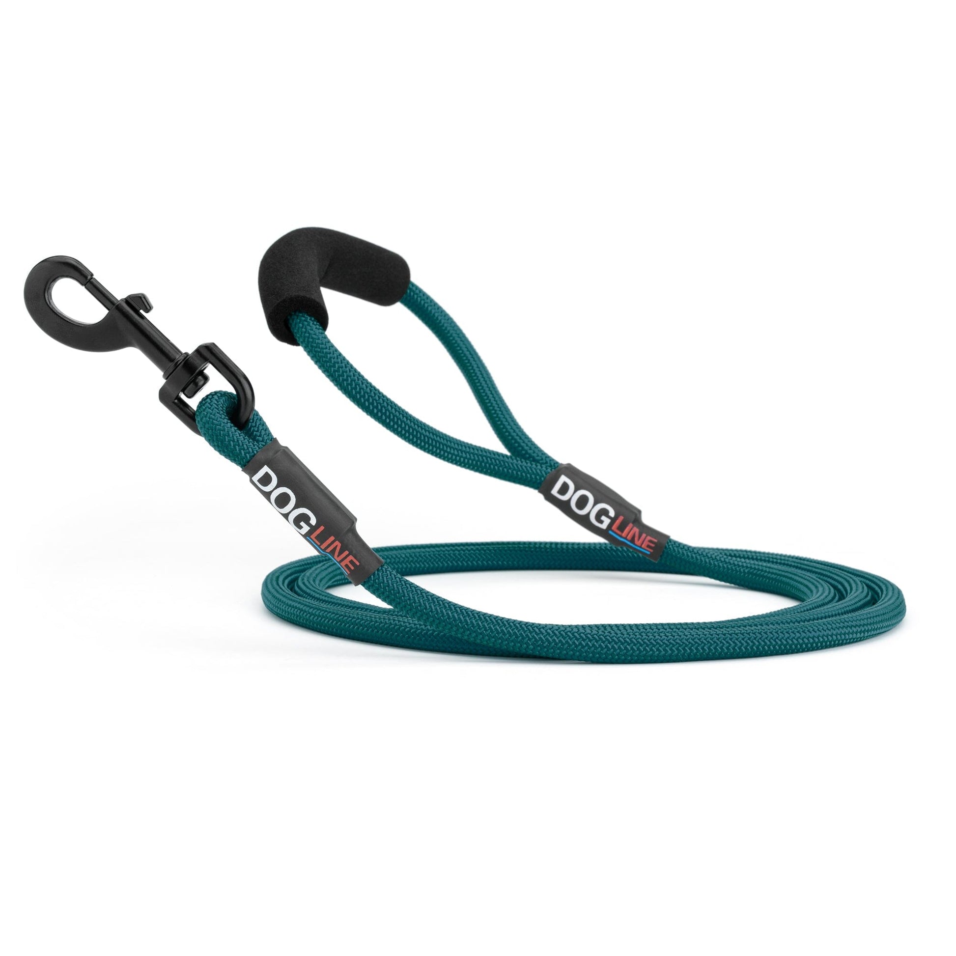 Teal nylon dog leash with black snap hook and padded neoprene handle, round rope design, 6 ft long