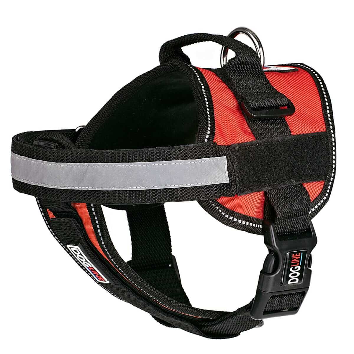 Dog harness displayed in a variety of colors including red, blue, and black