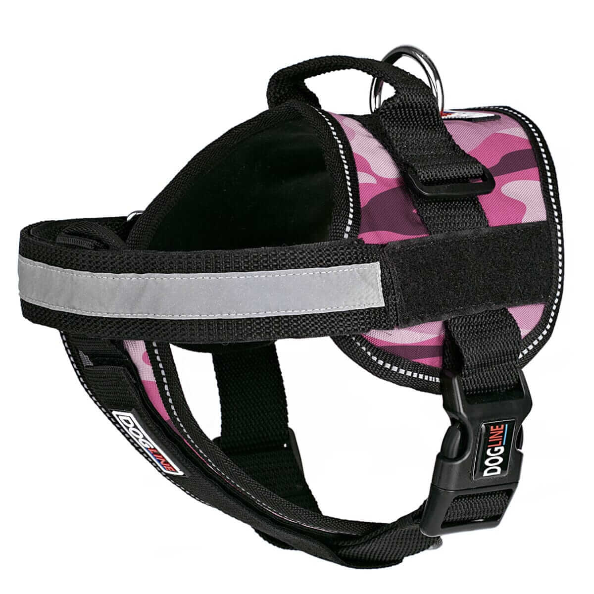 Dog harness displayed in a variety of colors including red, blue, and black