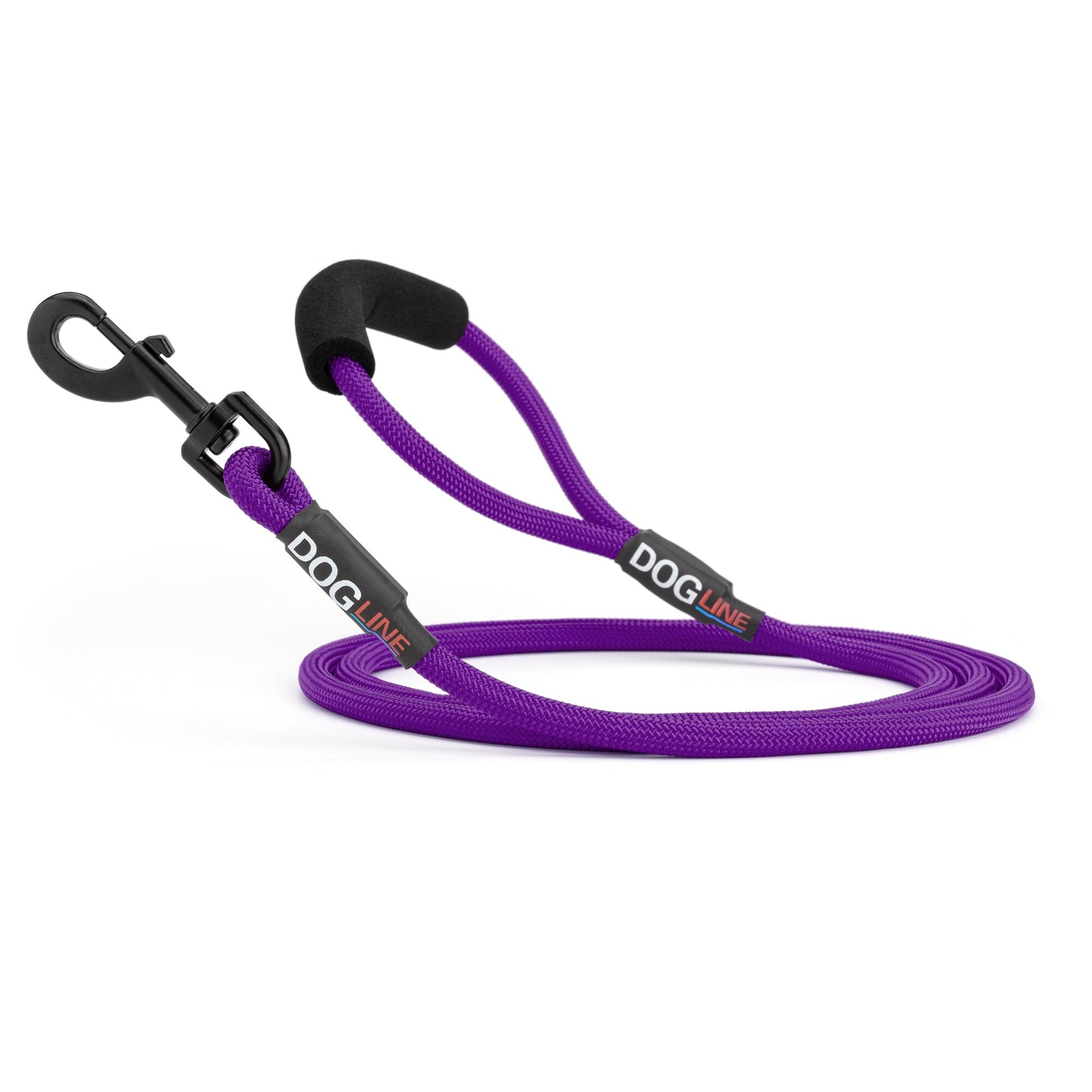 Purple nylon dog leash with black snap hook and padded neoprene handle, round rope design, 6 ft long